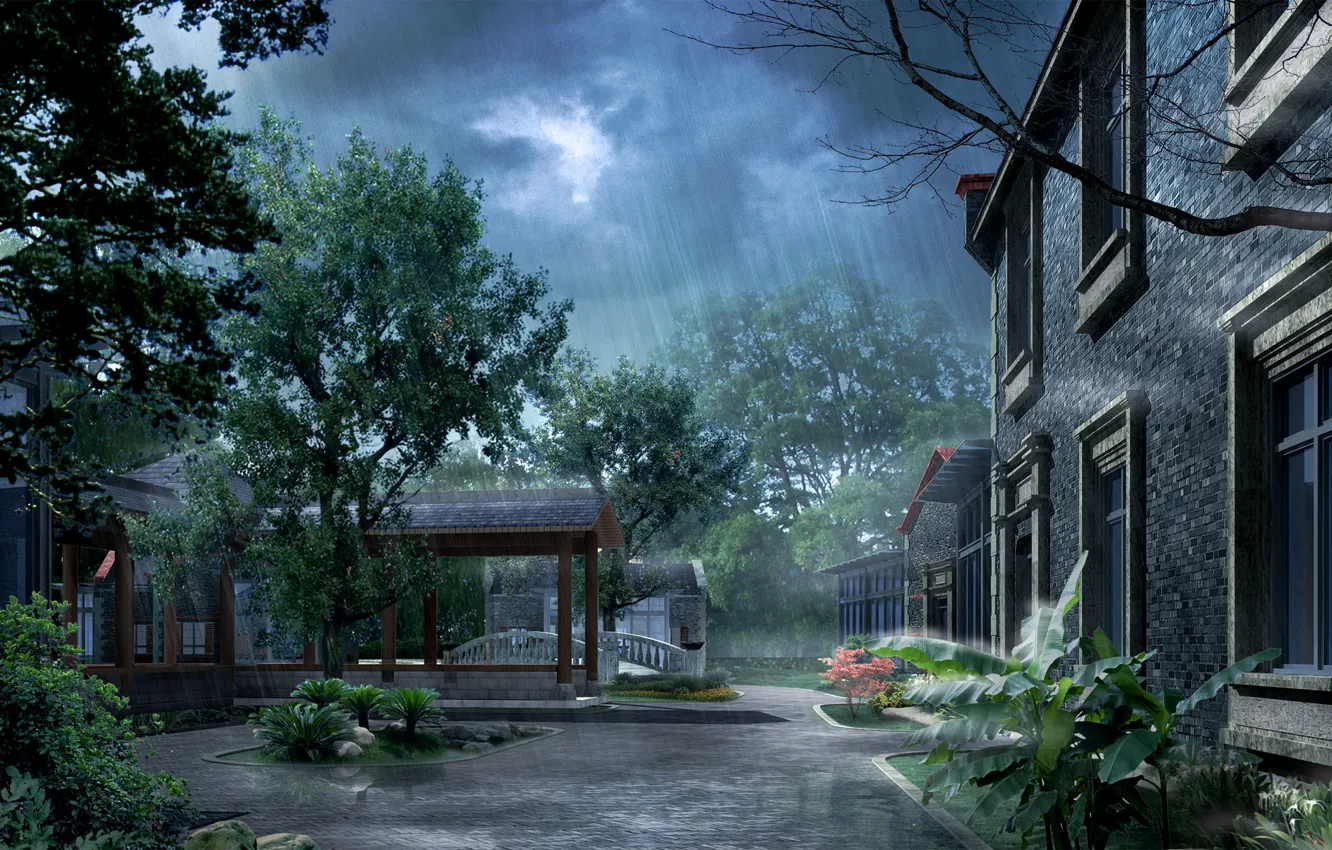 Фото обои дождь, фотошоп, двор