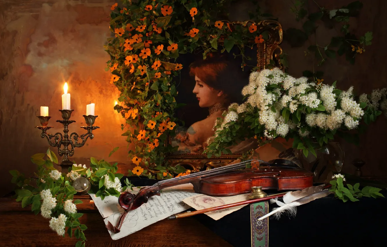 Фото обои цветы, скрипка, свеча, картина, натюрморт