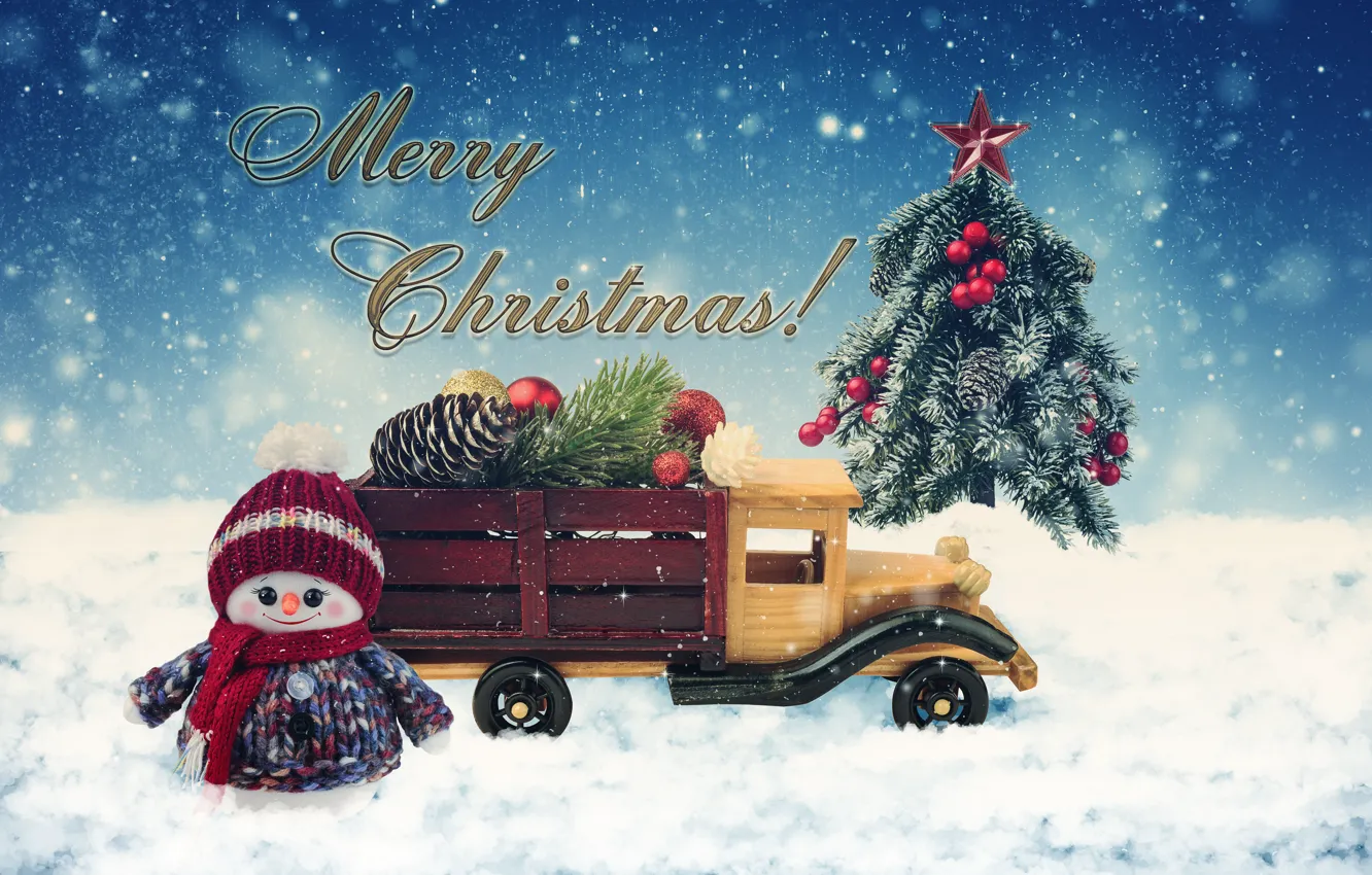 Фото обои зима, снег, праздник, надпись, игрушка, игрушки, Рождество, грузовик