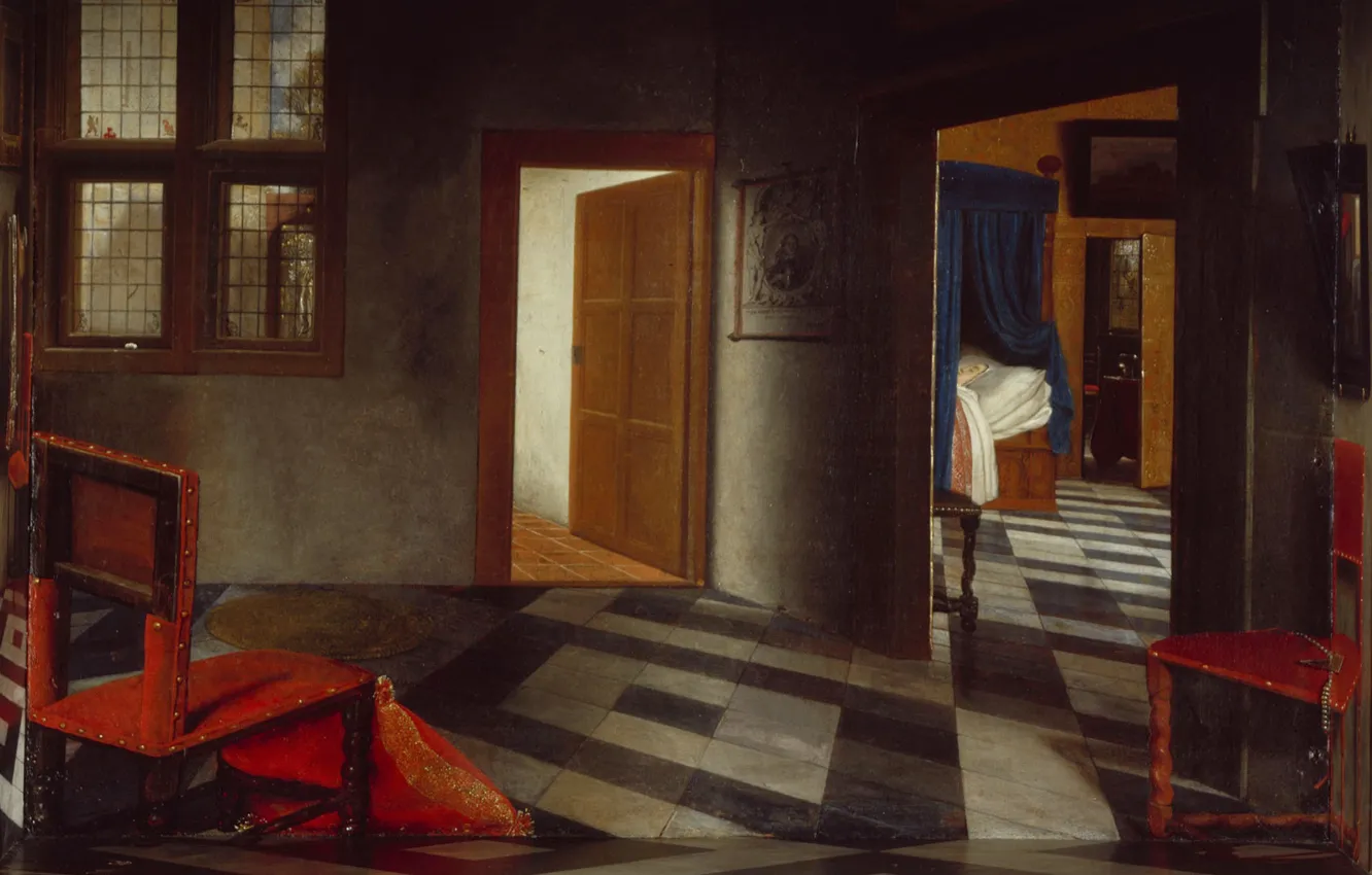 Фото обои комната, интерьер, картина, дверь, стул, Интерьер Голландского Дома, Самюэл ван Хогстратен