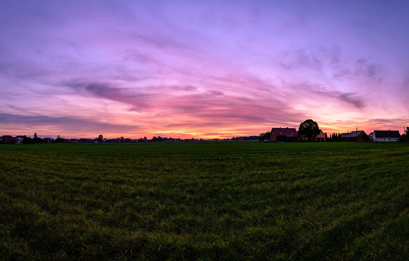Фото обои grass, twilight, sky, field, landscape, nature, clouds, houses
