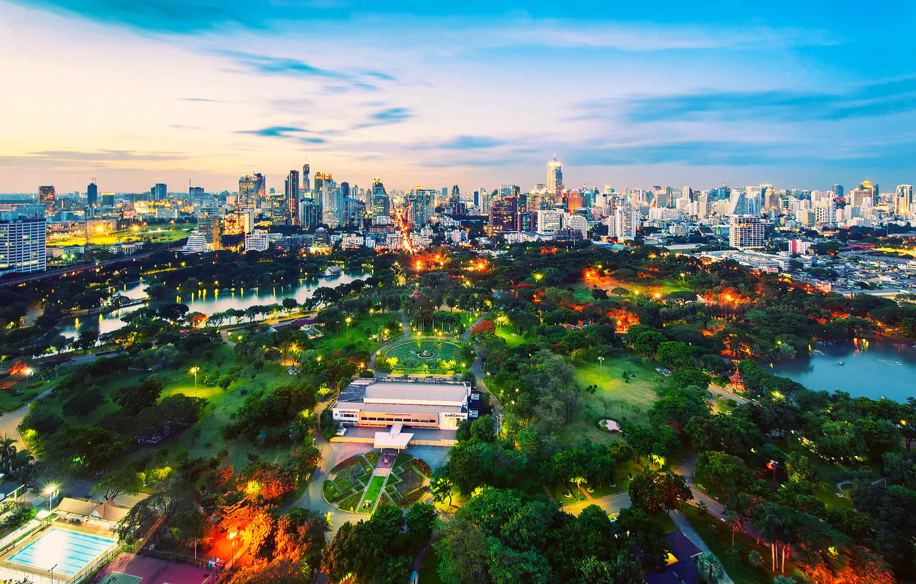 Фото обои небо, закат, город, парк, Таиланд, Bangkok, Lumpini Park
