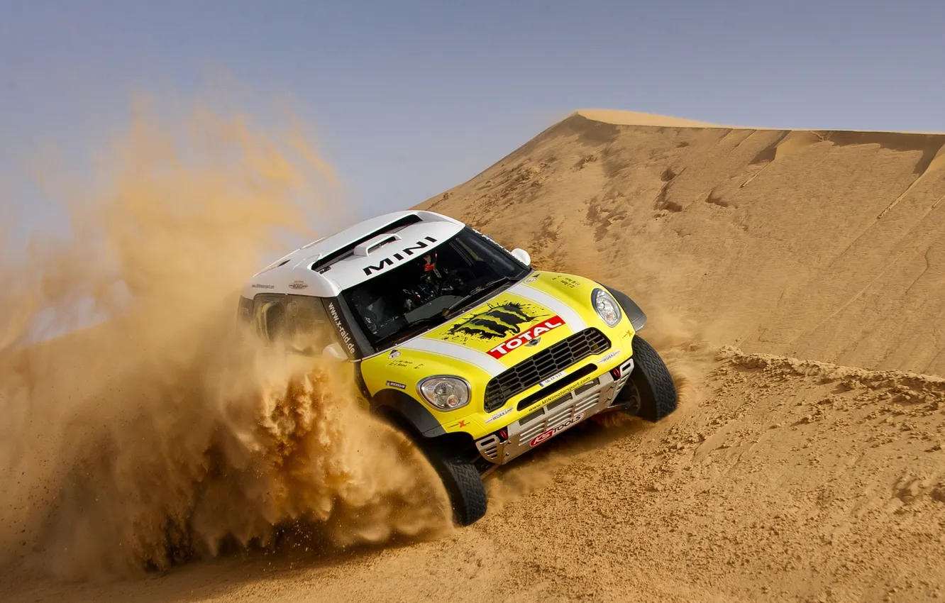 Фото обои песок, желтый, Спорт, Гонка, Mini Cooper, Rally, Dakar, MINI
