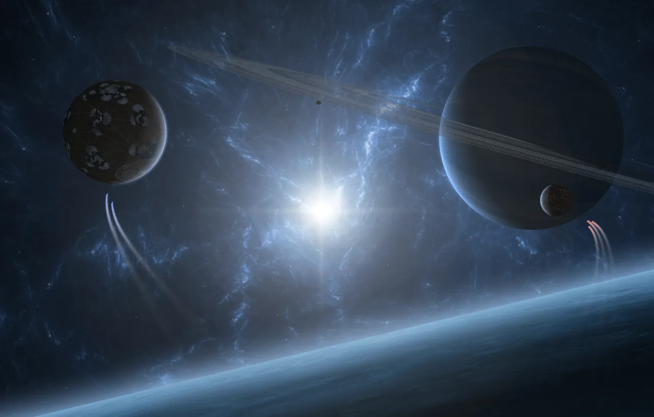 Фото обои звезды, поверхность, свет, планеты, кольца, спутники, spaceships