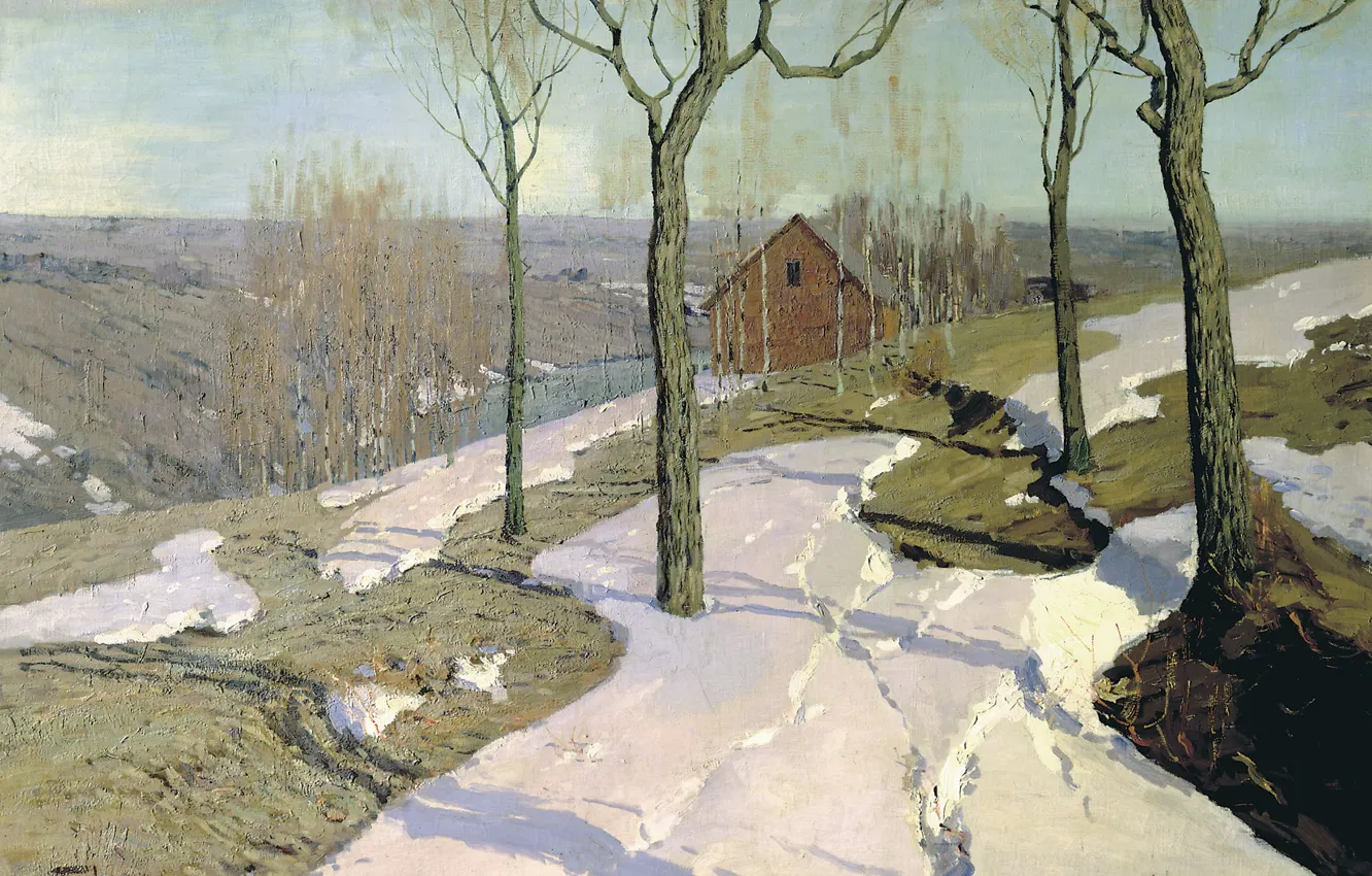 Фото обои деревья, пейзаж, дом, масло, Холст, 1898, Последний снег, Вильгельм ПУРВИТ