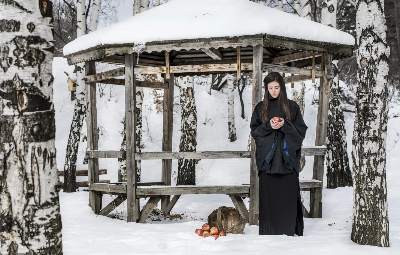 Фото обои зима, девушка, яблоки