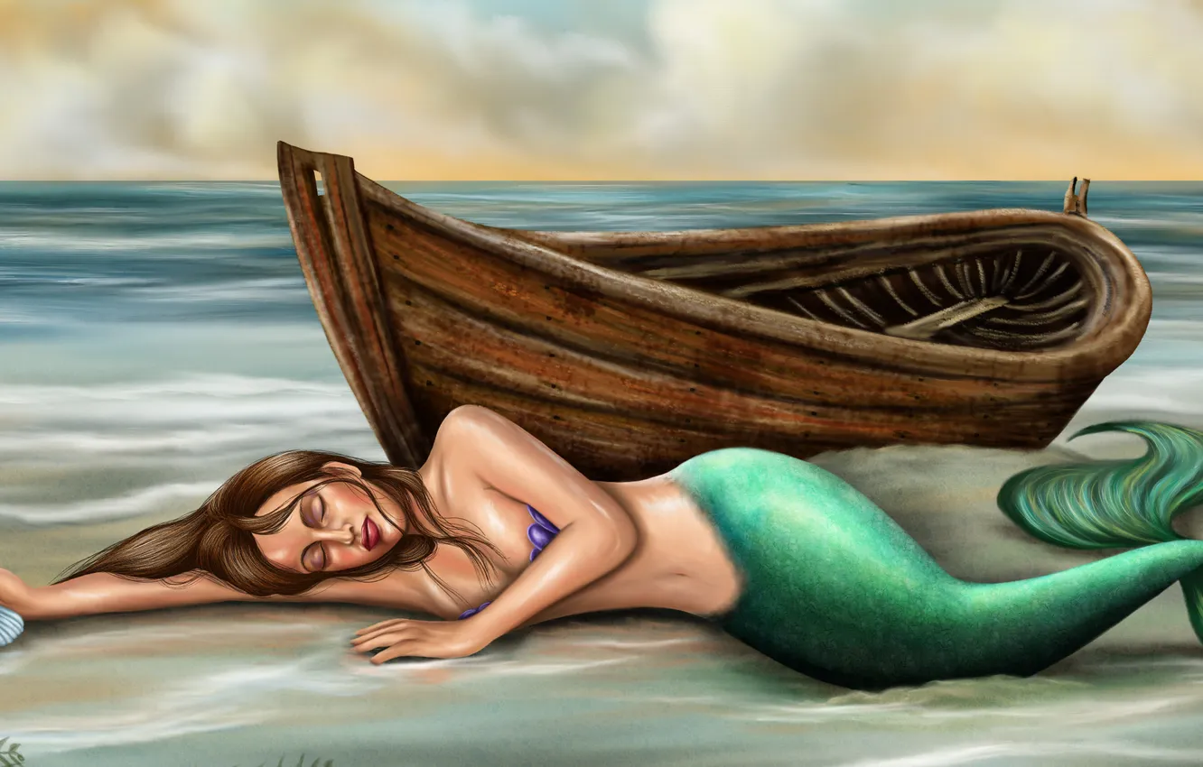 Фото обои песок, море, фантастика, лодка, волосы, русалка, рука, ракушка