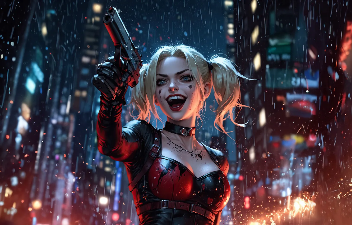 Фото обои Girl, City, Gun, Rain, Comics, Weapon, DC Comics, Harley Quinn