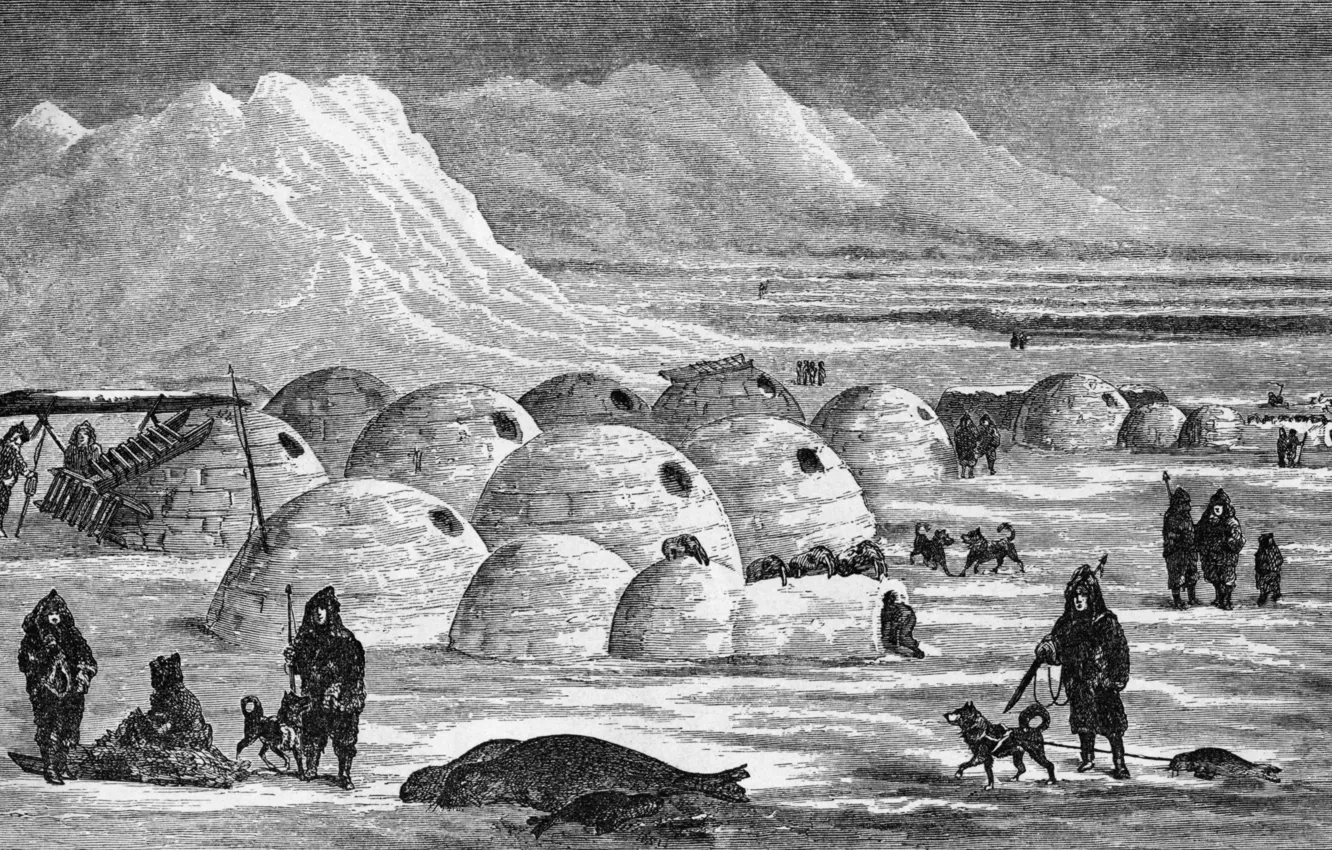 Фото обои зима, собаки, эскимосы, Иглу, ледяные горы, чукотка, куполообразная хижина