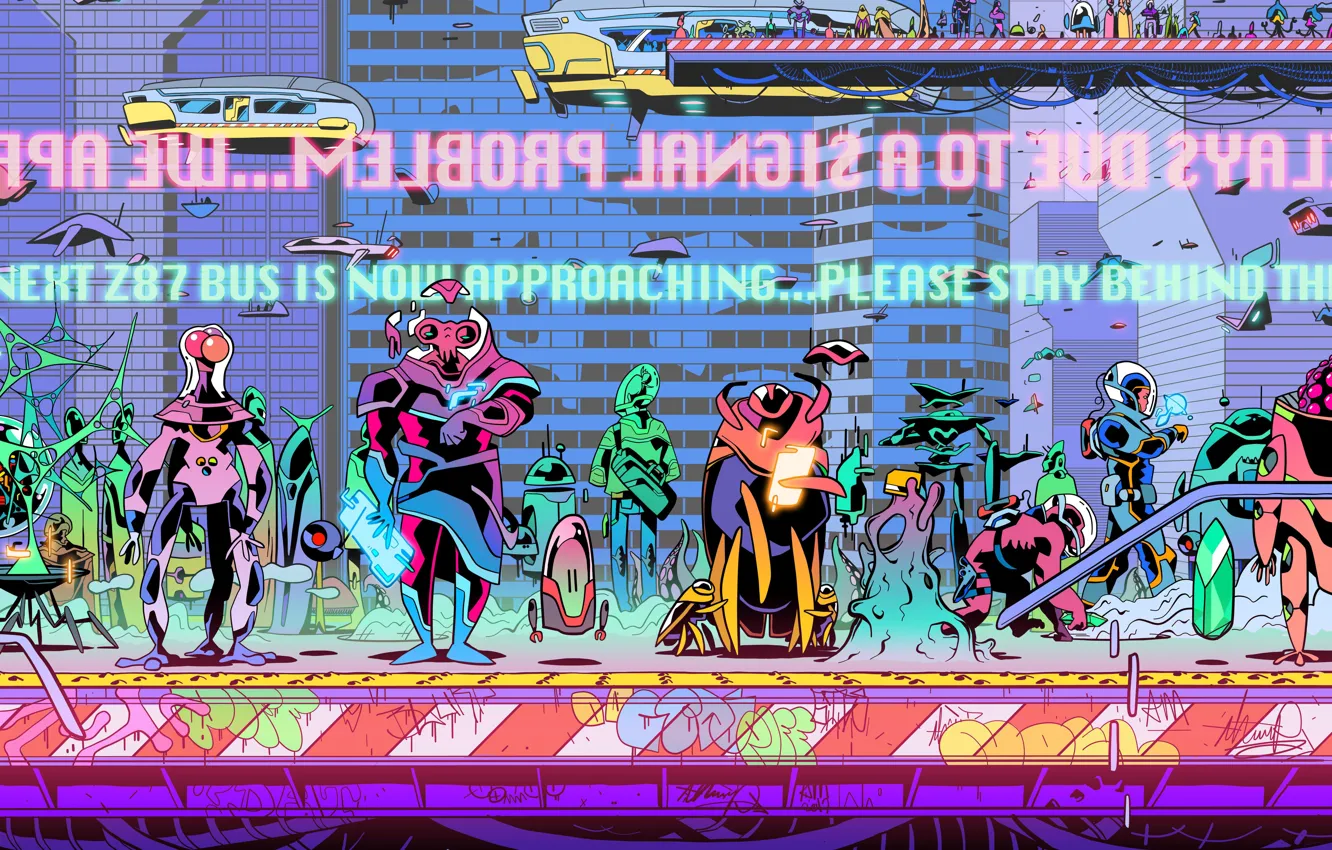 Фото обои city, город, будущее, фантастика, транспорт, робот, скафандр, инопланетянин