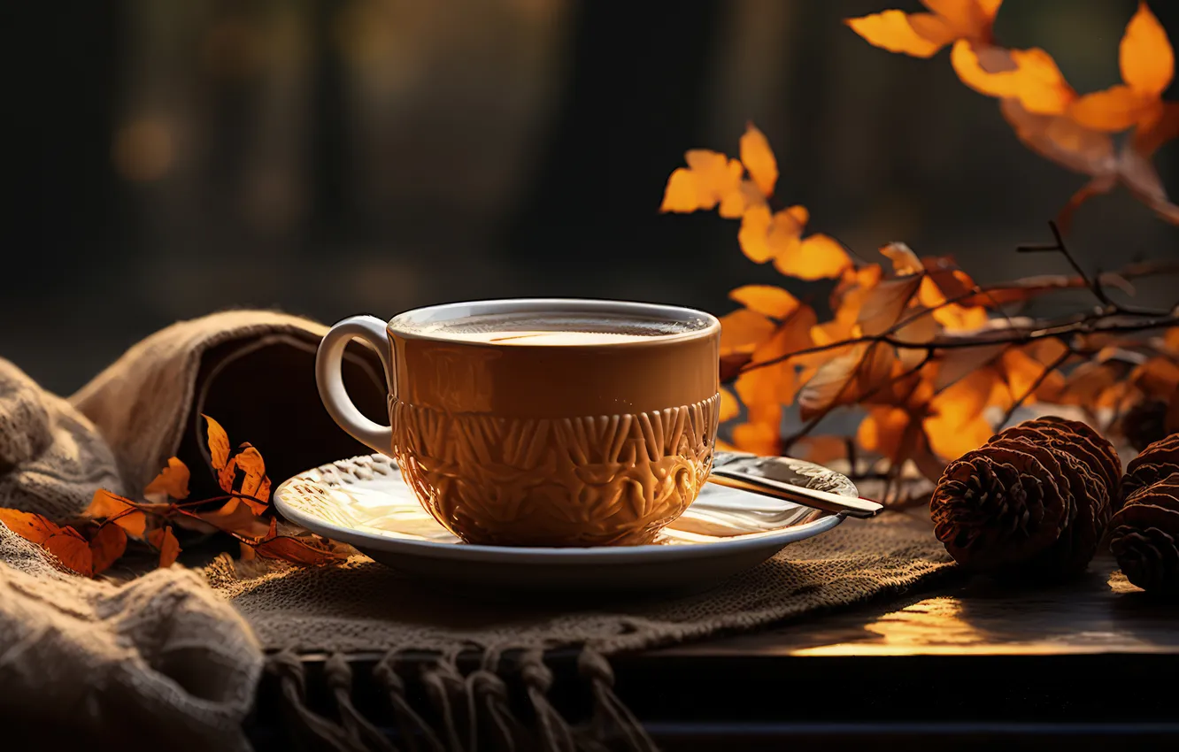 Фото обои осень, листья, свет, ветки, чай, доски, чашка, ткань