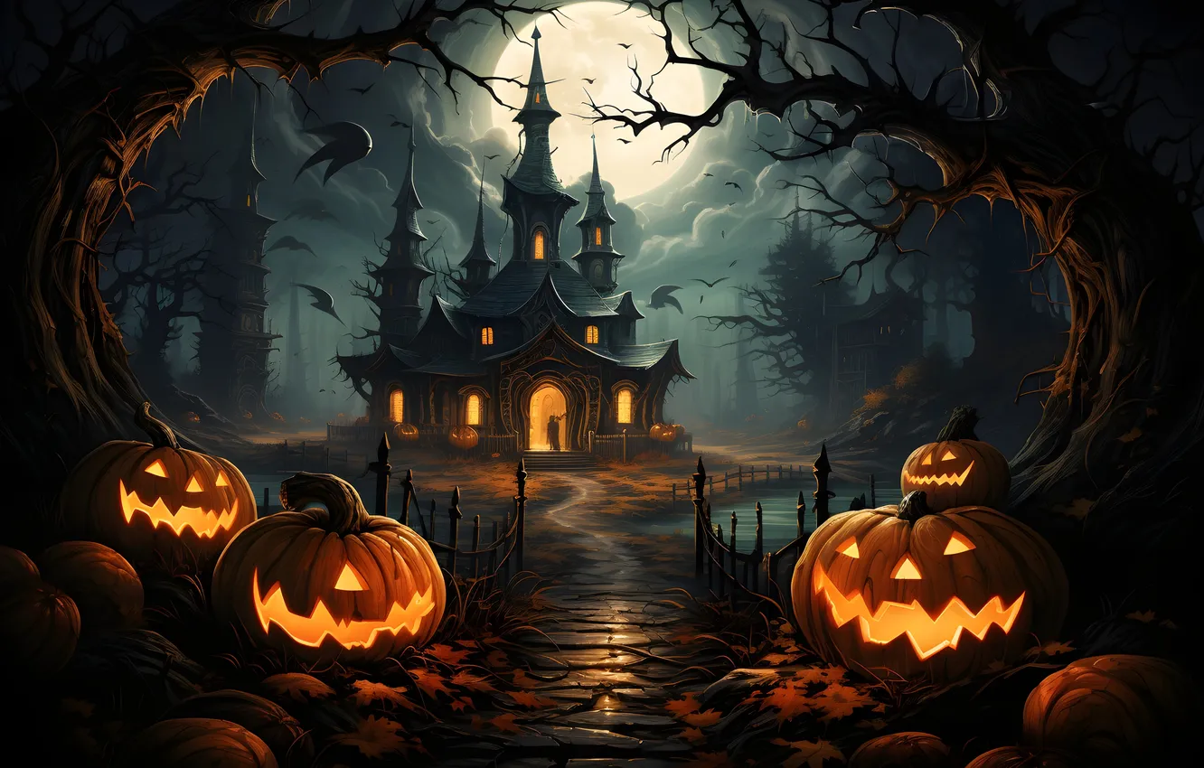 Фото обои Дома, Огни, Ночь, Деревья, Луна, Тучи, Тыквы, Halloween