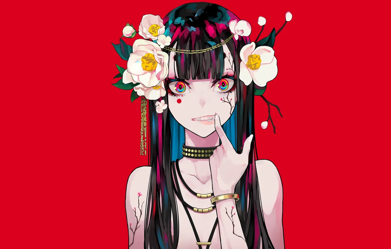 Фото обои взгляд, девушка, цветы, венок, красный фон, mochizuki kei