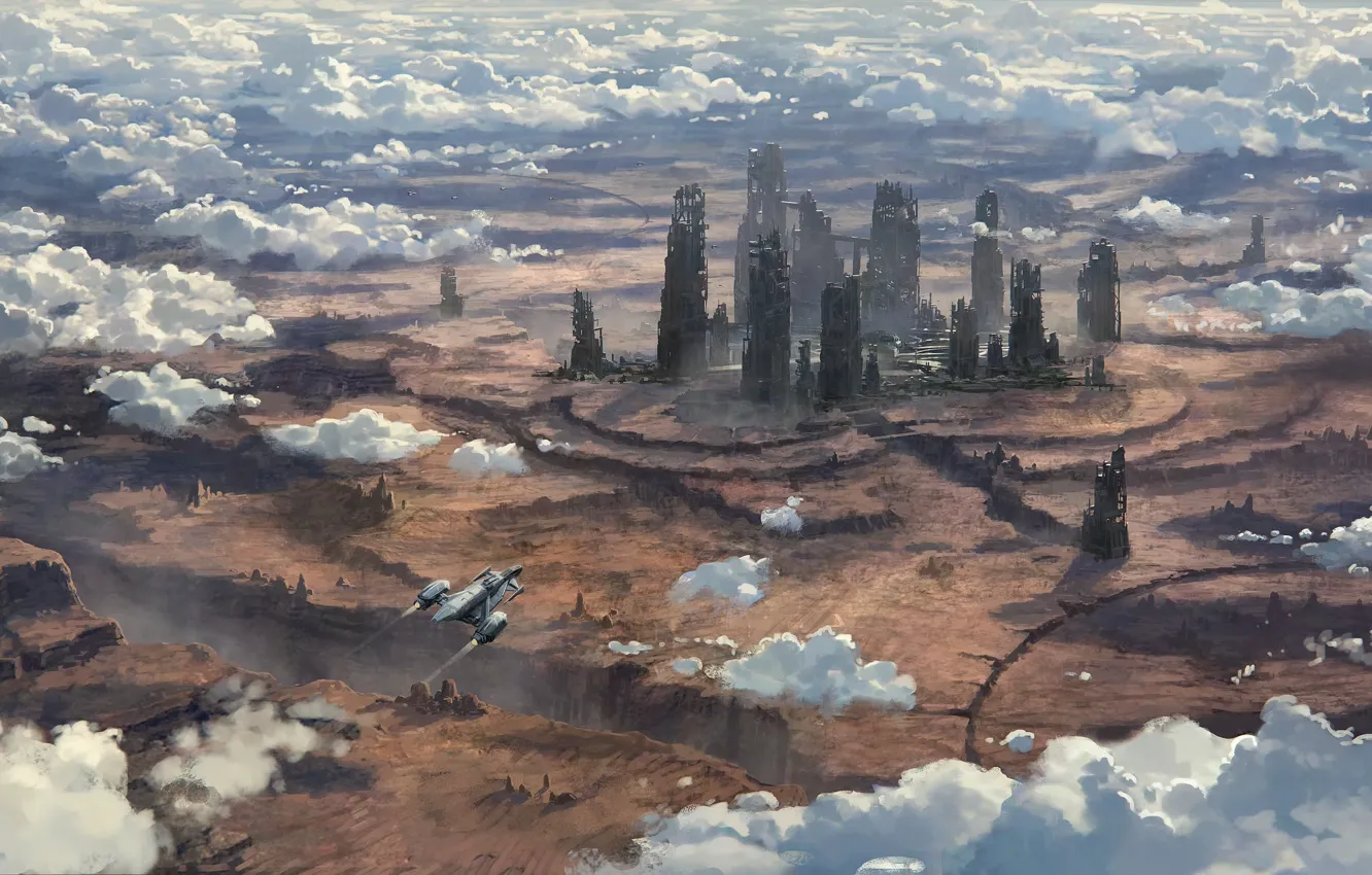Фото обои облака, поверхность, полет, город, планета, развалины, космический корабль