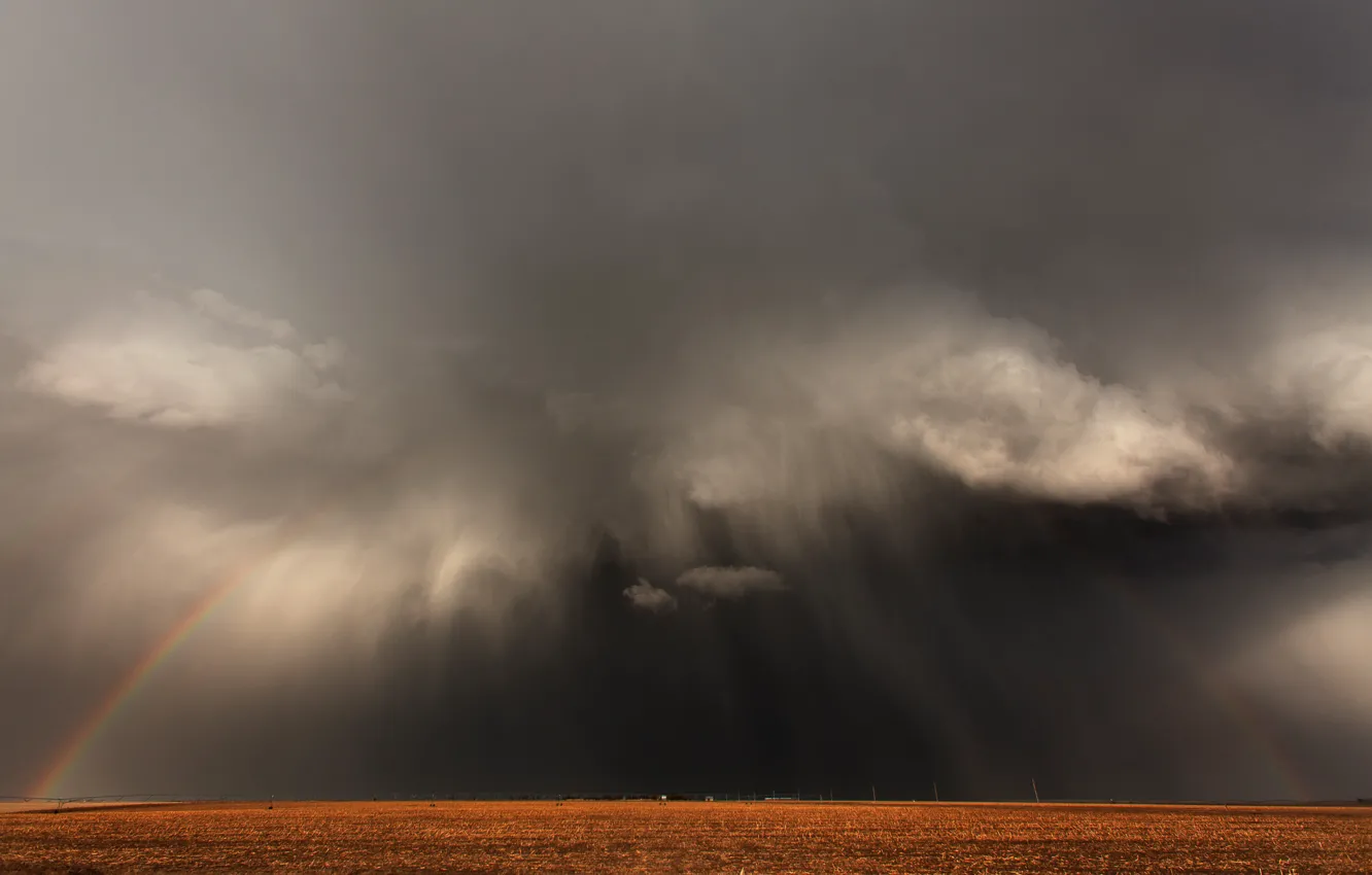 Фото обои поле, тучи, шторм, природа, стихия, радуга, буря, панорама