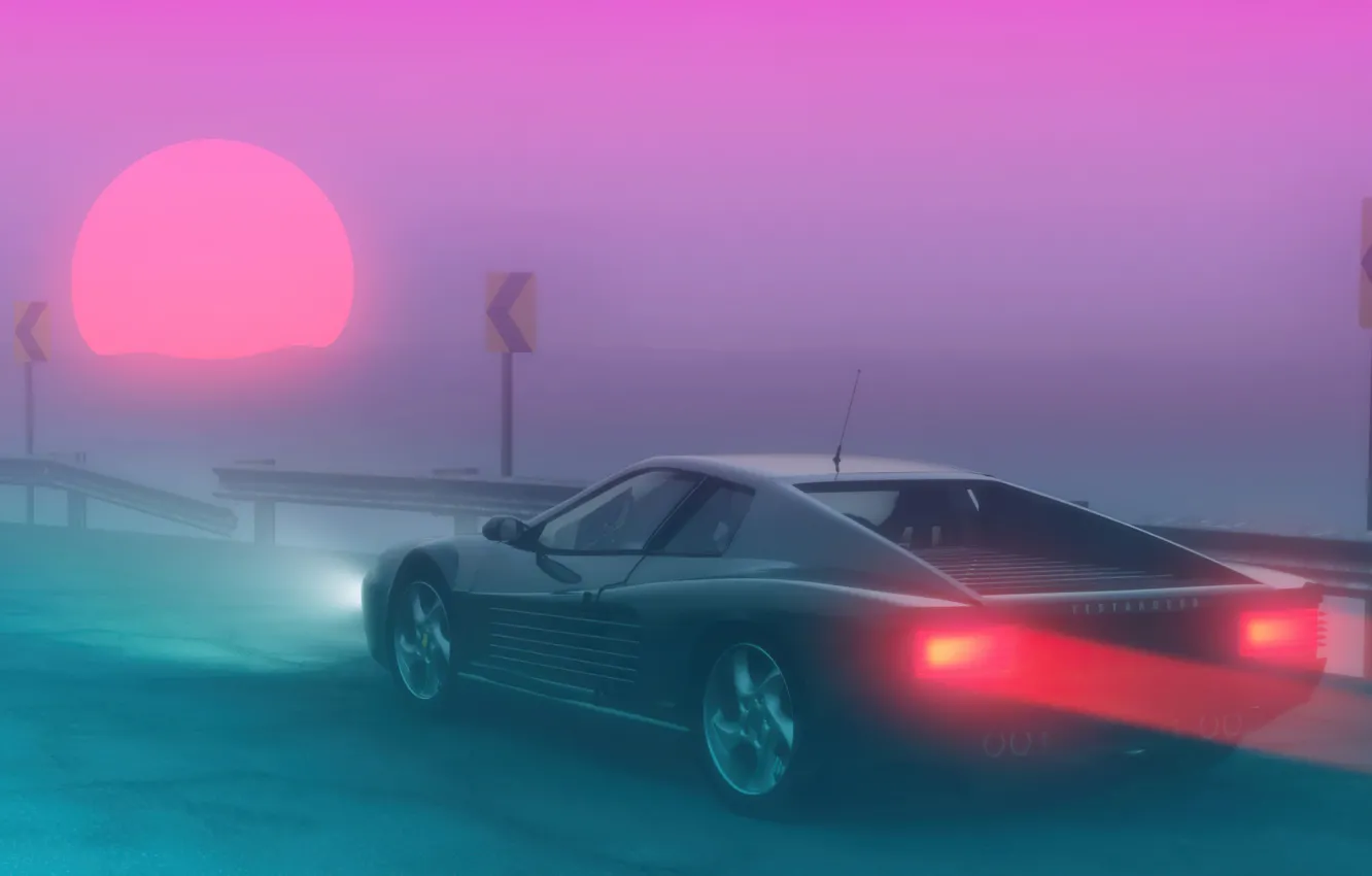 Фото обои Солнце, Туман, Ferrari, 80s, Neon, Summer, Fog, 80's