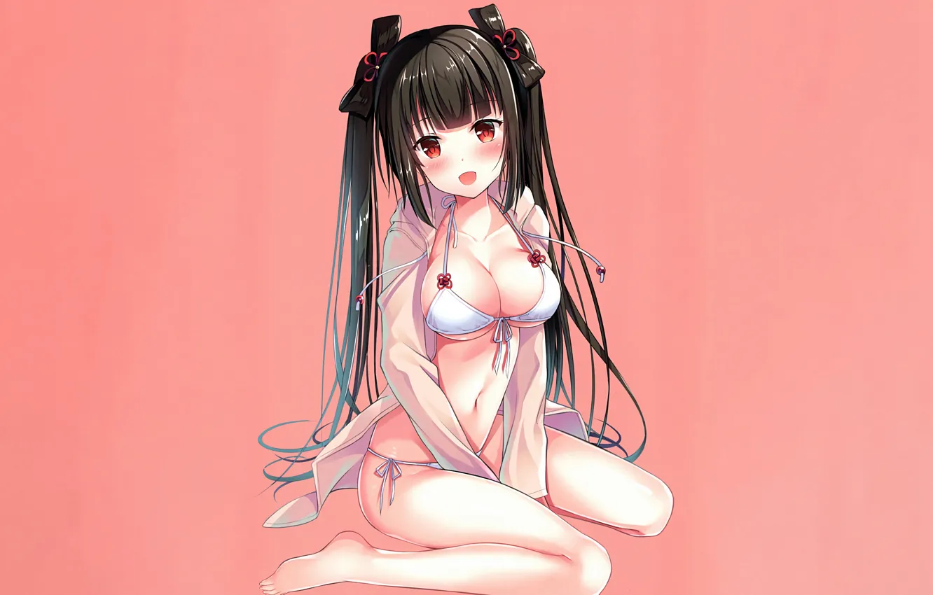 Фото обои girl, sexy, cleavage, long hair, boobs, anime, beautiful, red eyes