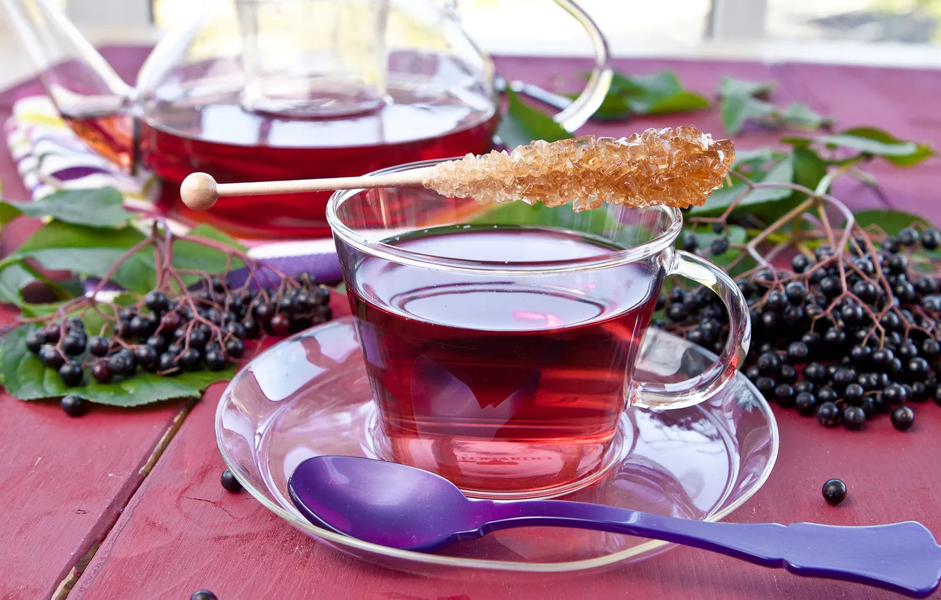 Фото обои листья, ягоды, чай, чайник, ложка, чашка, посуда, сахар