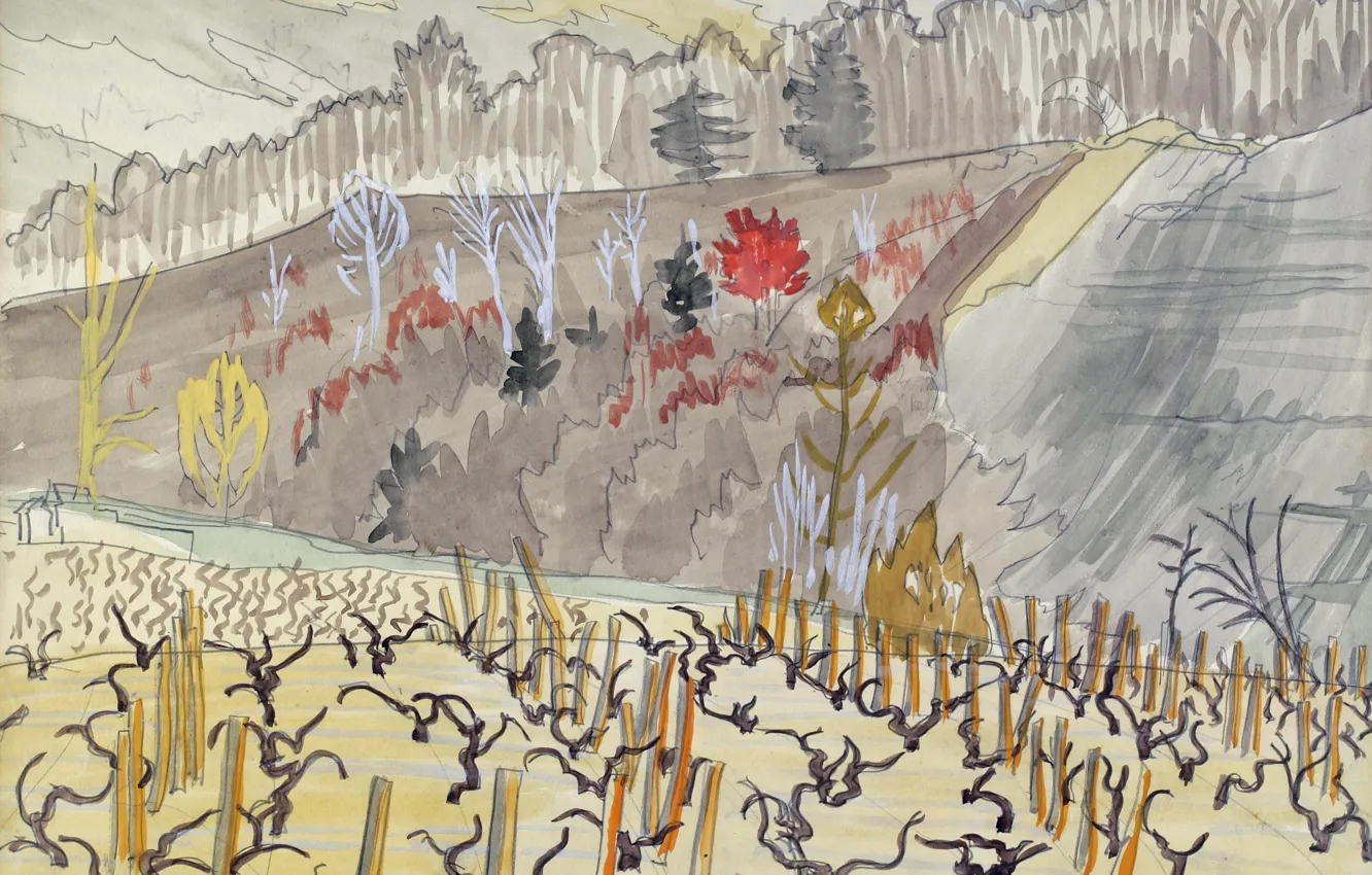 Фото обои осень, деревья, Charles Ephraim Burchfield, The Vineyard