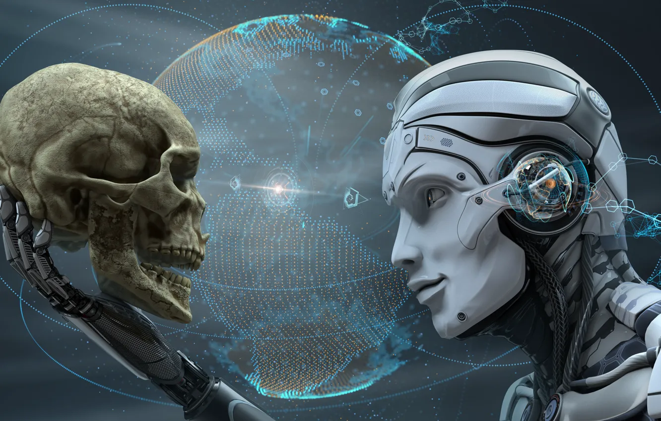 Фото обои skull, cyborg, futuristic, human android