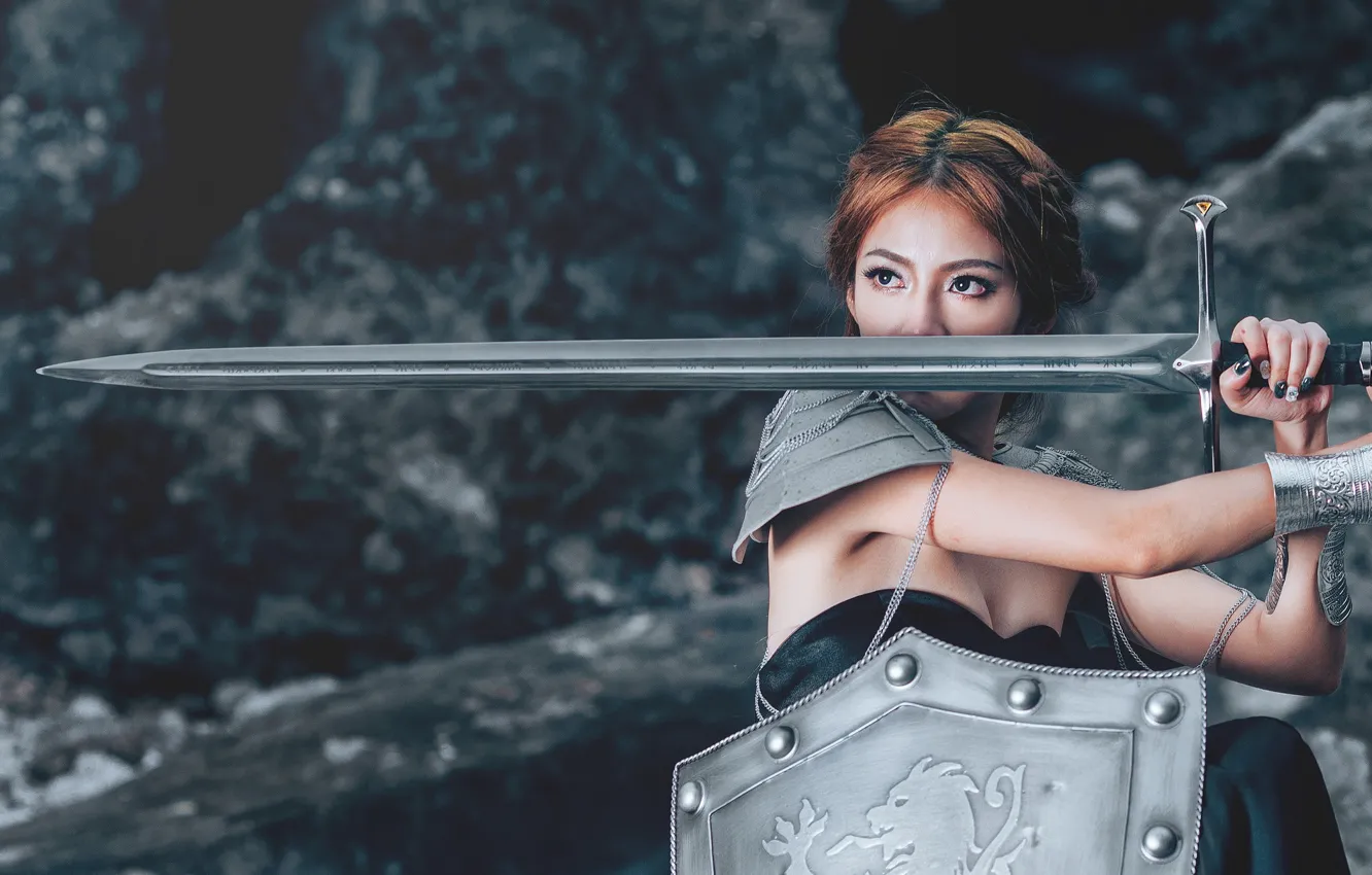 Фото обои девушка, меч, щит
