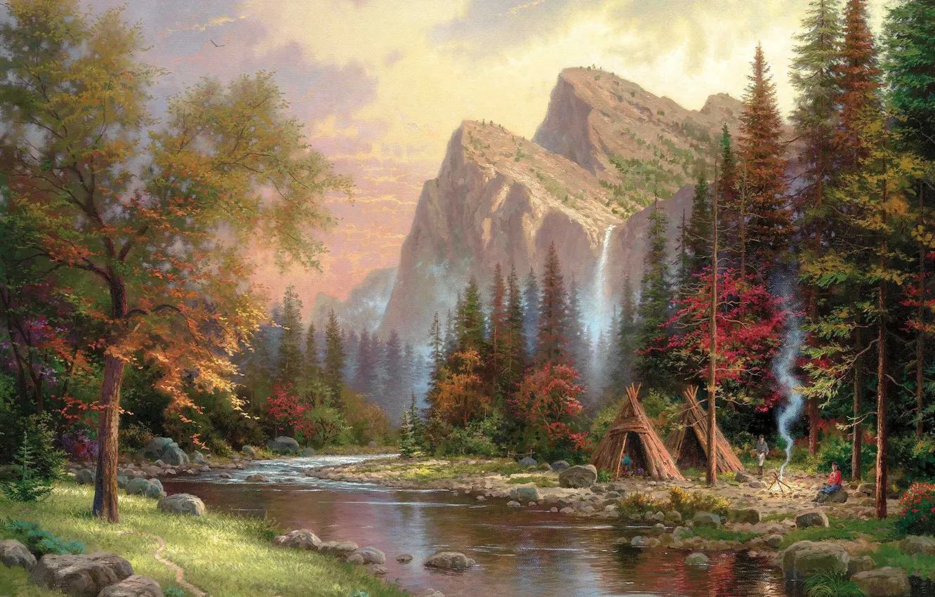 Фото обои горы, река, дым, водопад, костер, живопись, Томас Кинкейд, painting