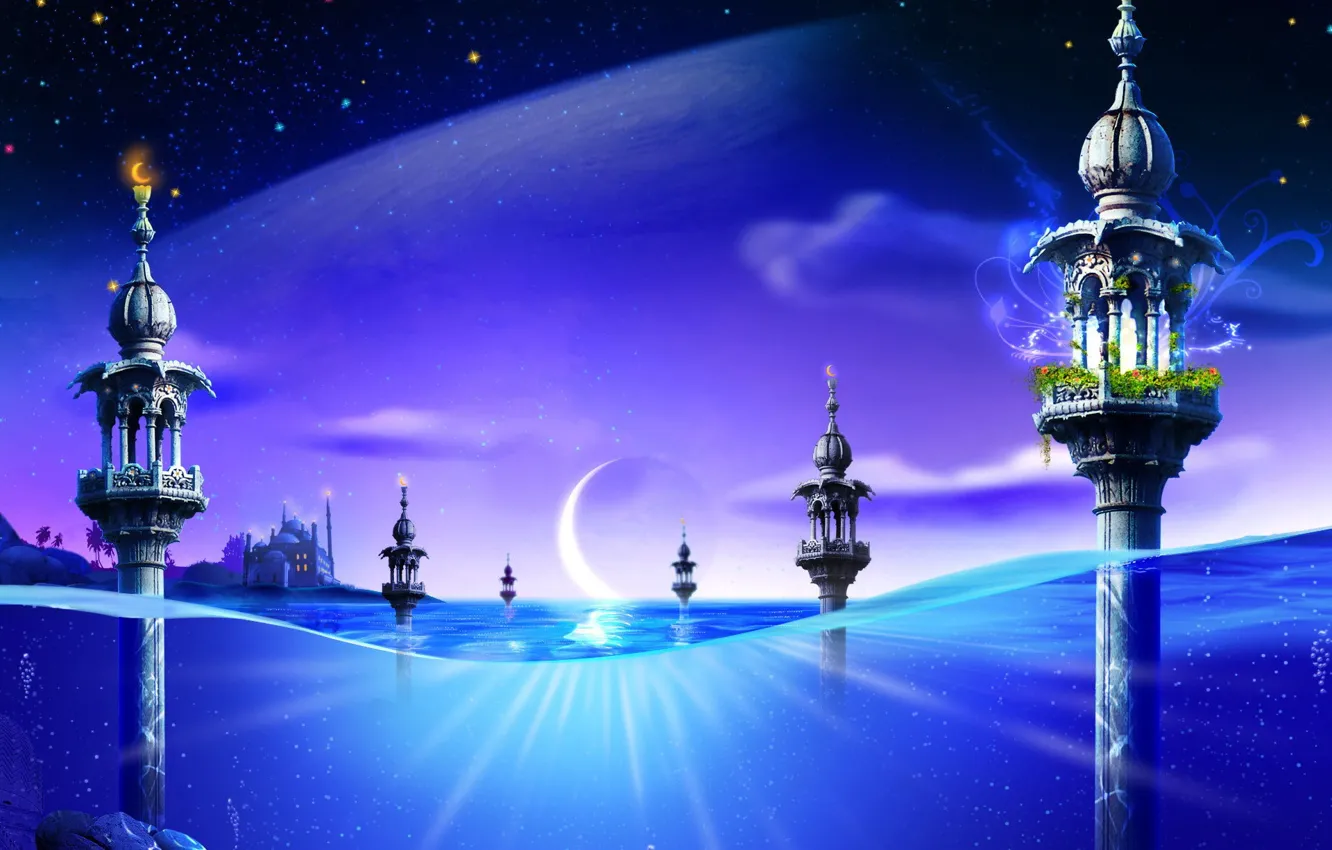 Фото обои синий, фантазия, луна, Вода, башни