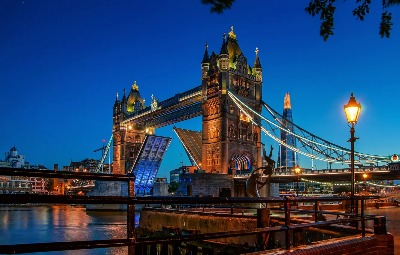 Фото обои мост, огни, Англия, Лондон, вечер