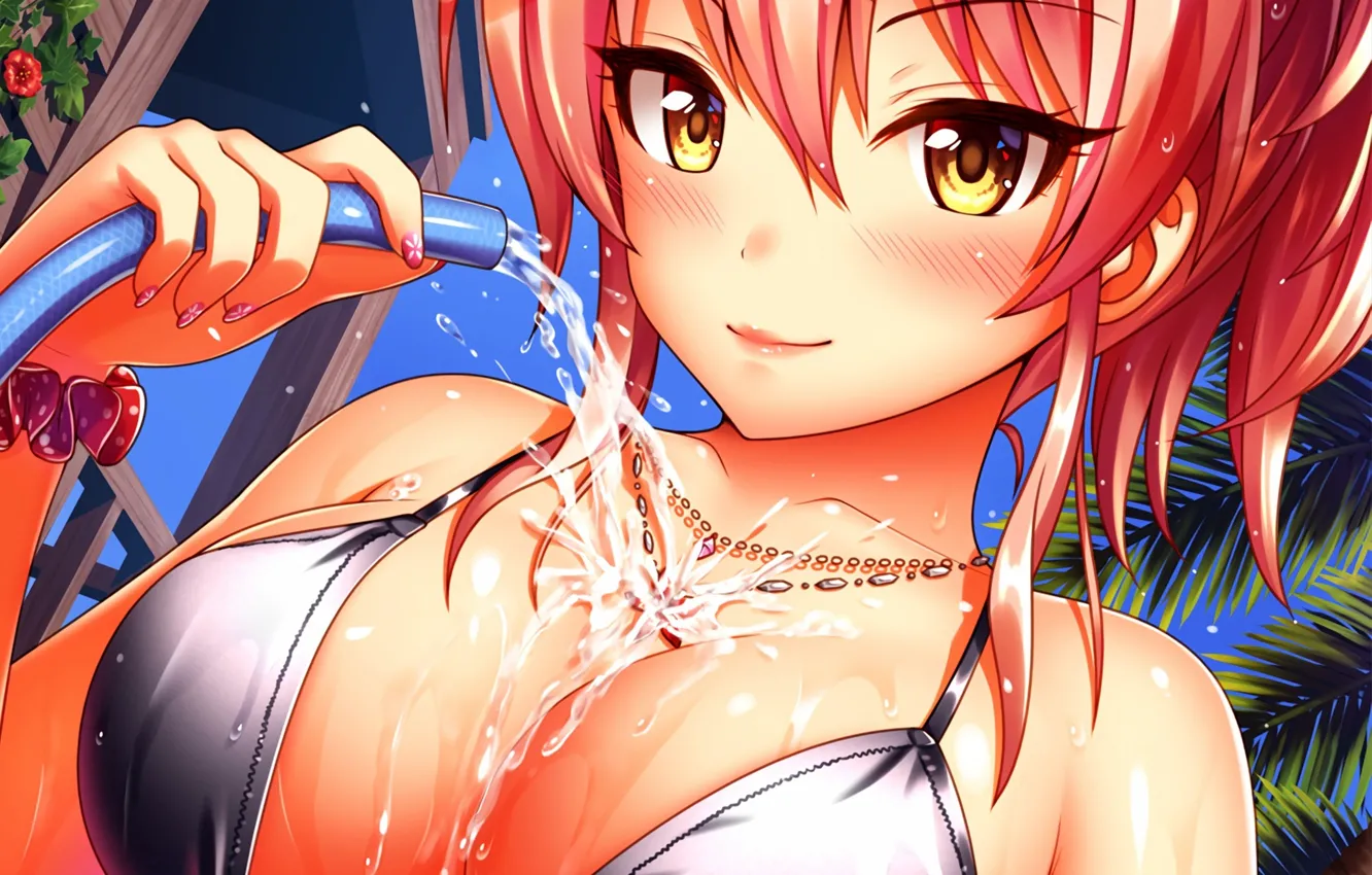 Фото обои girl, sexy, wet, cleavage, red hair, boobs, anime, water