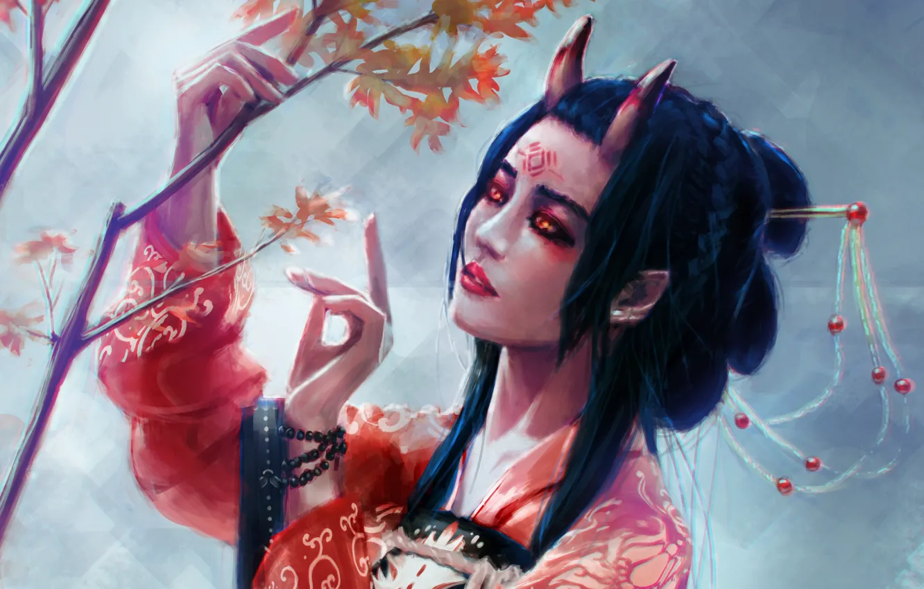 Фото обои взгляд, дерево, япония, фэнтези, арт, рога, кимоно, демоница
