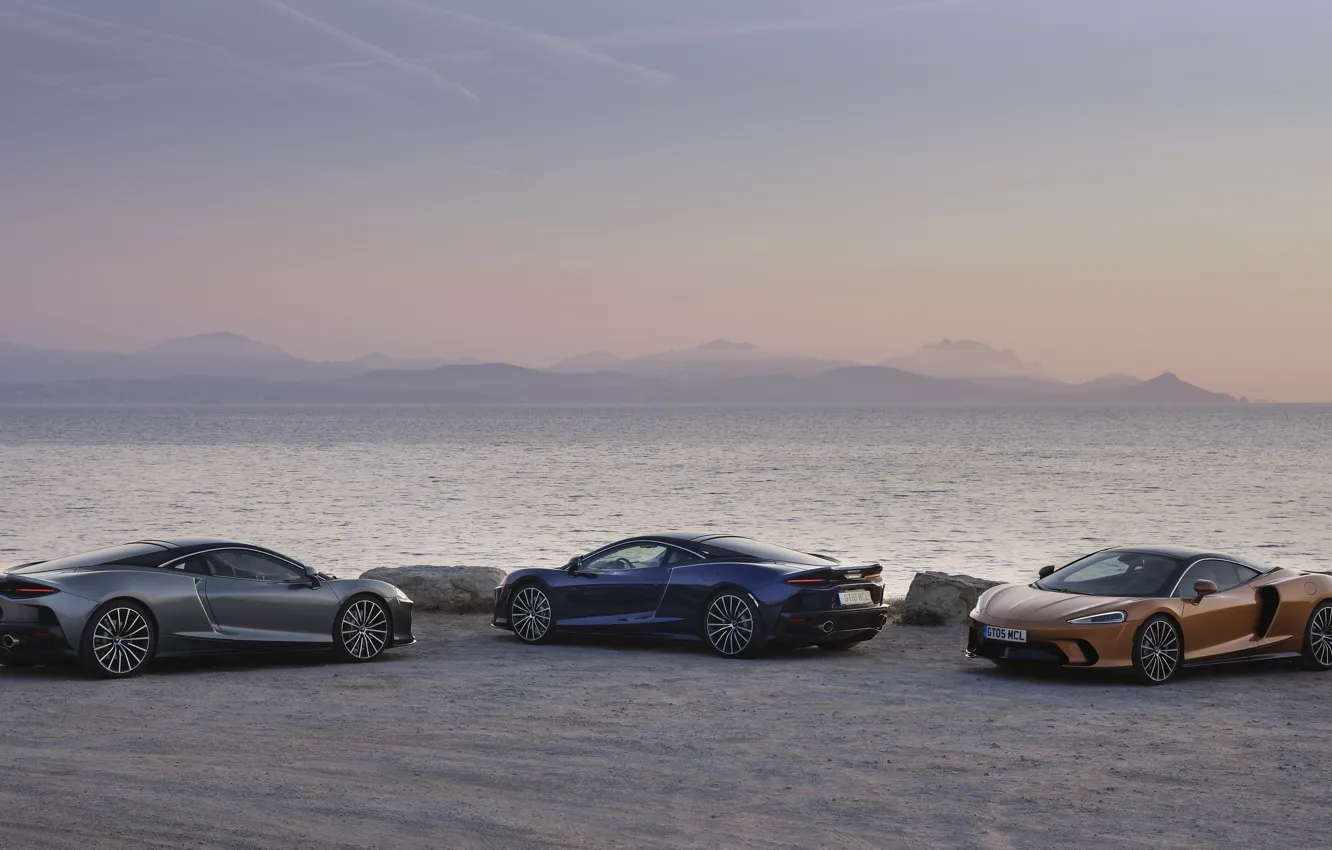 Фото обои закат, побережье, McLaren, вечер, суперкары, 2019, McLaren GT