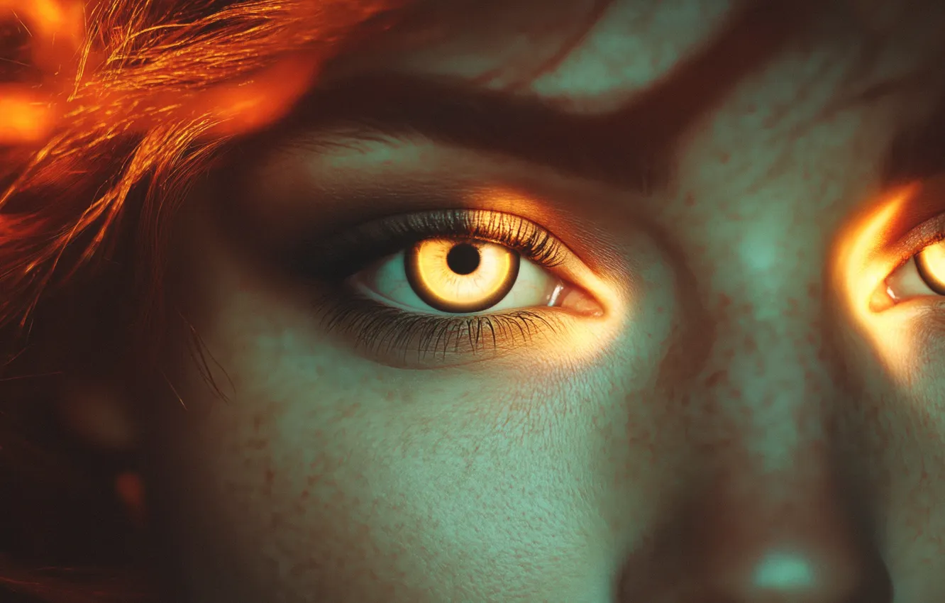 Фото обои глаза, девушка, веснушки, рыжие волосы, eyes, women, желтые глаза, redhead
