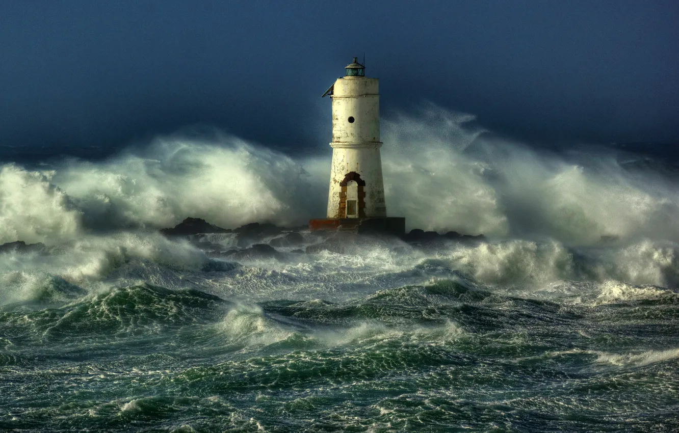 Фото обои море, волны, шторм, маяк