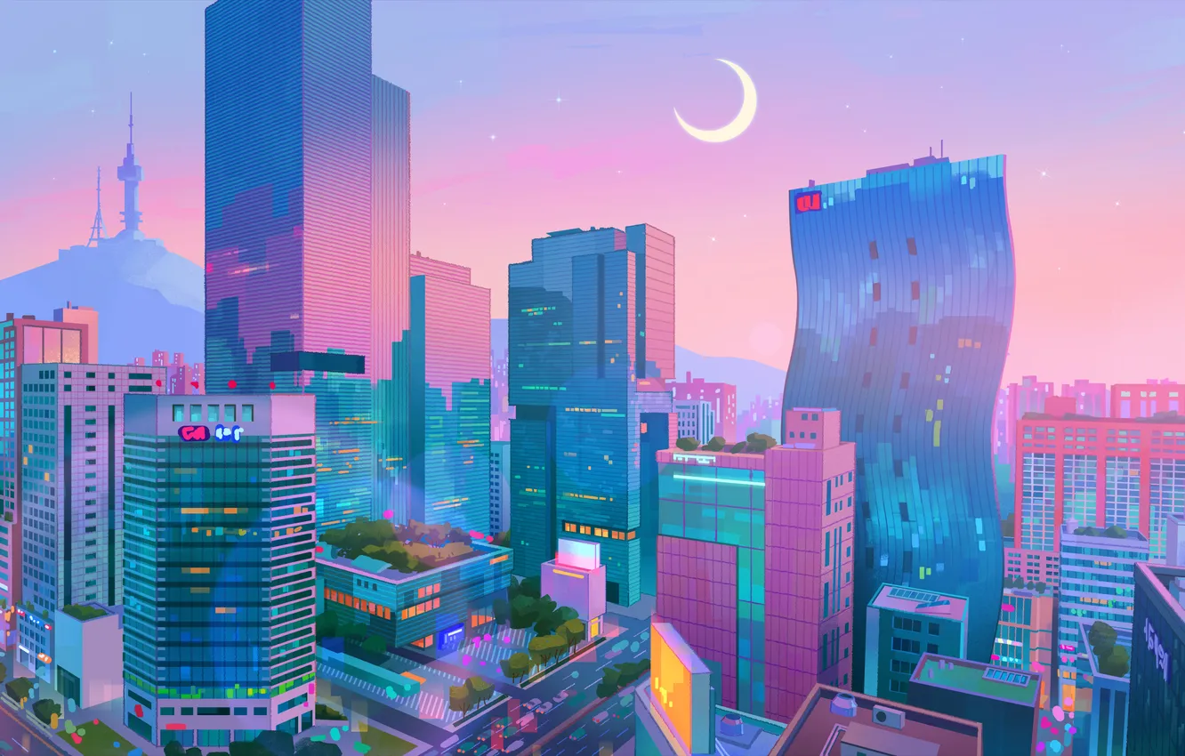 Фото обои city, город, месяц, небоскребы, неон, moon, neon, digital art