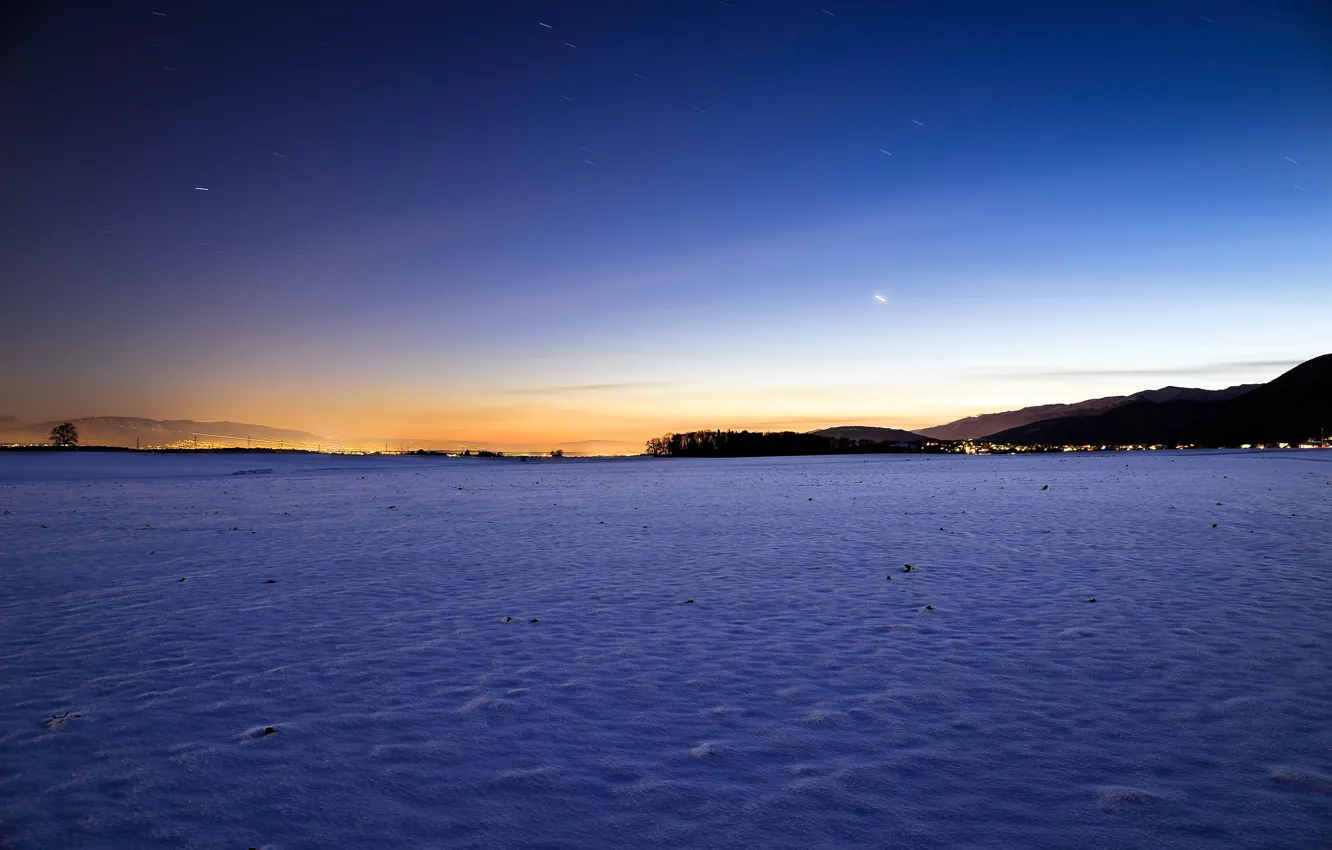 Фото обои зима, небо, солнце, звезды, снег, пейзаж, закат, природа
