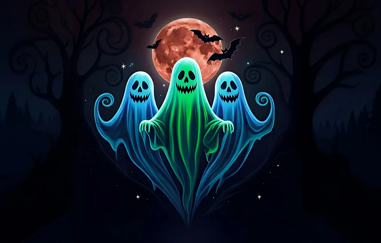 Фото обои осень, деревья, ночь, страх, праздник, луна, силуэт, призрак