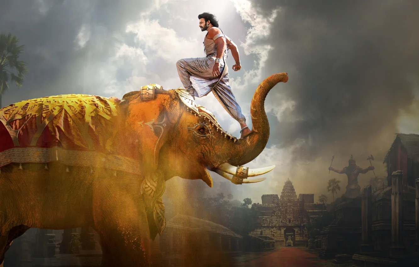 Фото обои актер, храм, Слон, бивни, хобот, Prabhas, индус, Baahubali 2: The Conclusion