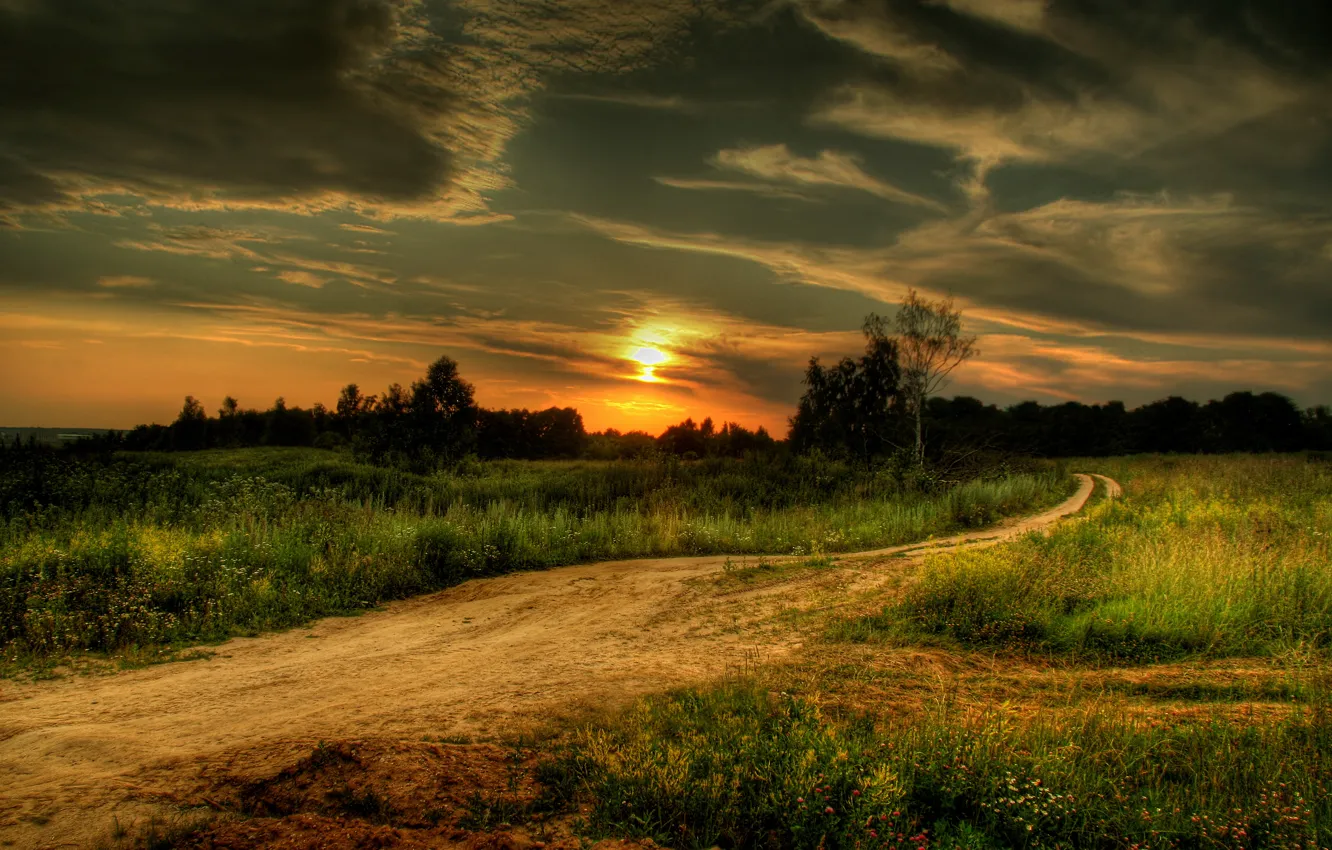 Фото обои дорога, поле, небо, закат, sky, landscape, nature, sunset