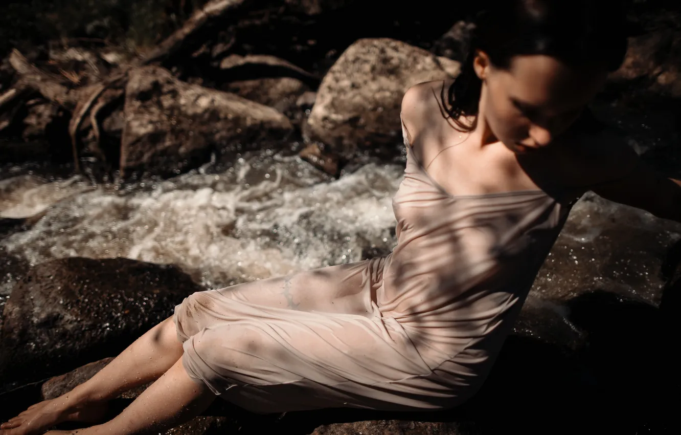 Фото обои forest, woman, waterfall
