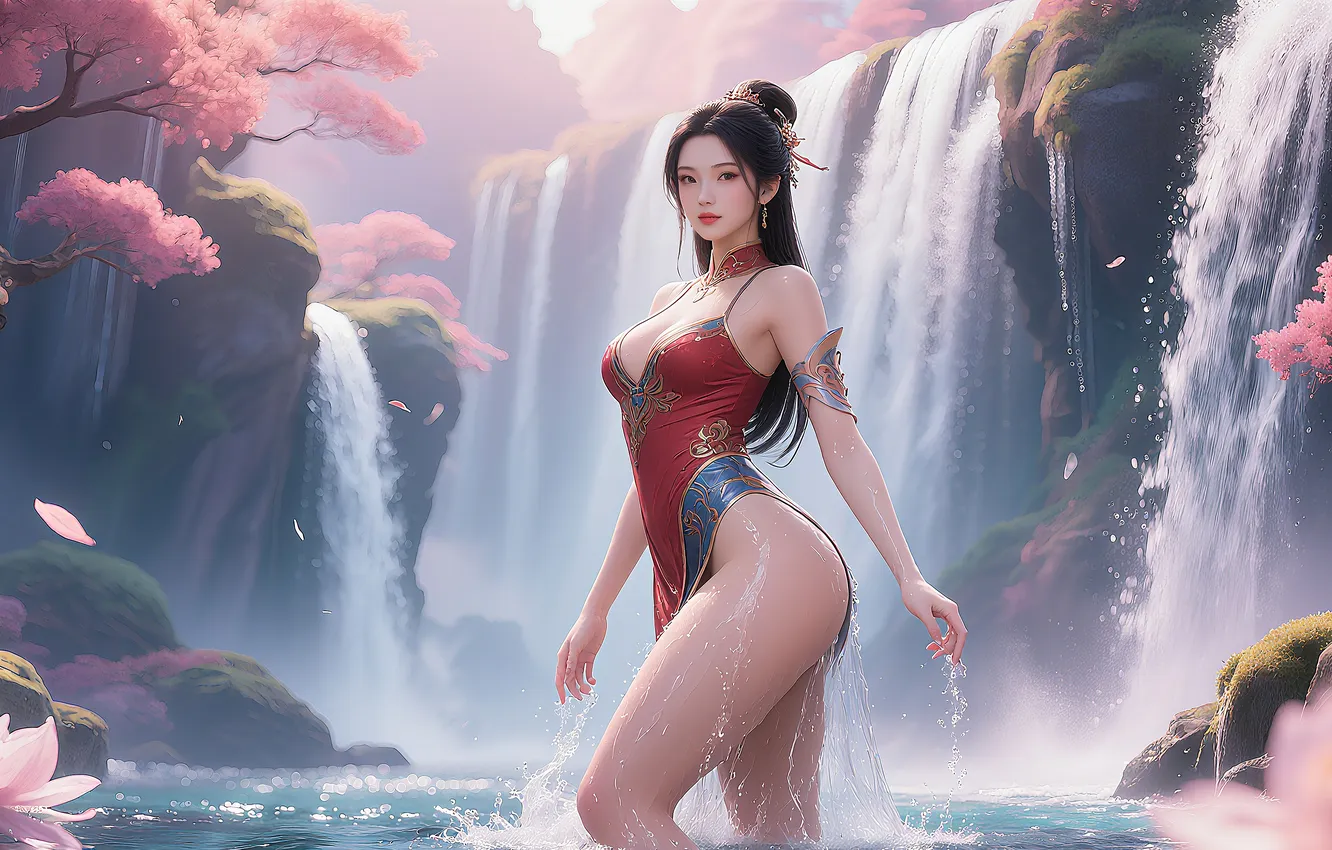 Фото обои girl, sexy, waterfall, asian, ai art