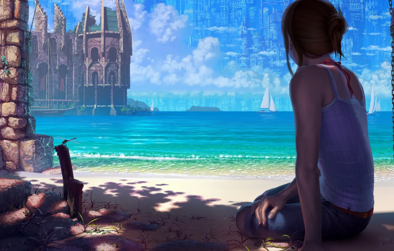 Фото обои песок, море, девушка, город, замок, океан, берег, побережье