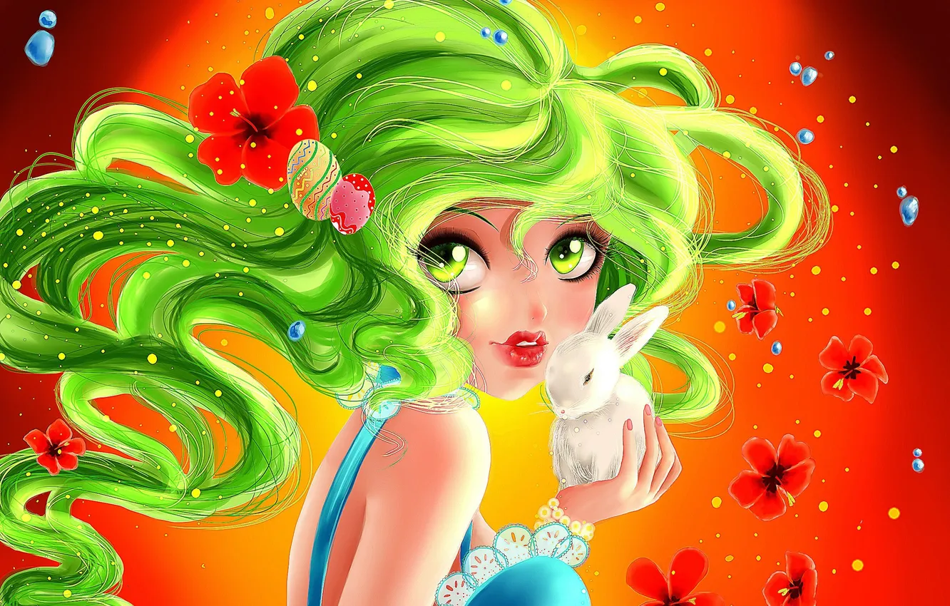 Фото обои цветок, взгляд, девушка, аниме, кролик, зеленые волосы, лицо. глаза