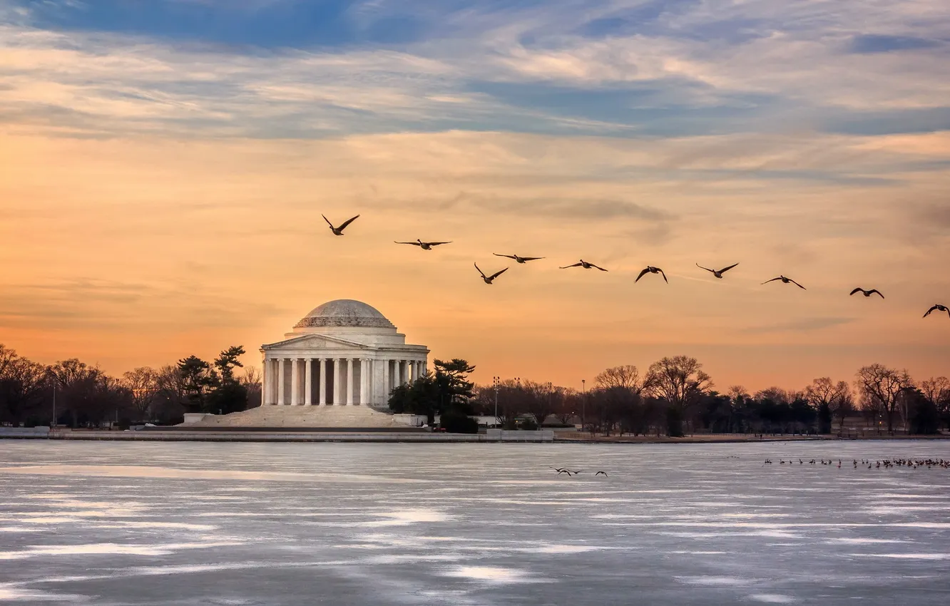 Фото обои Sunrise, Washington, Jefferson Memorial