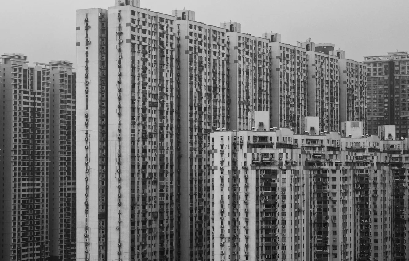Фото обои China, window, black and white, buildings, architecture, skyscrapers, Asia, b/w