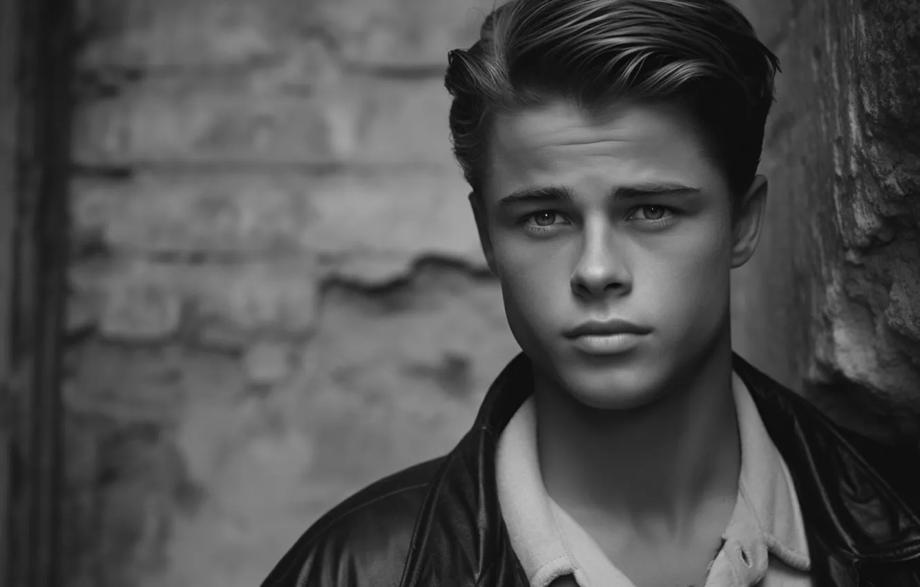 Фото обои взгляд, лицо, стена, куртка, прическа, мужчина, Брэд Питт, Brad Pitt