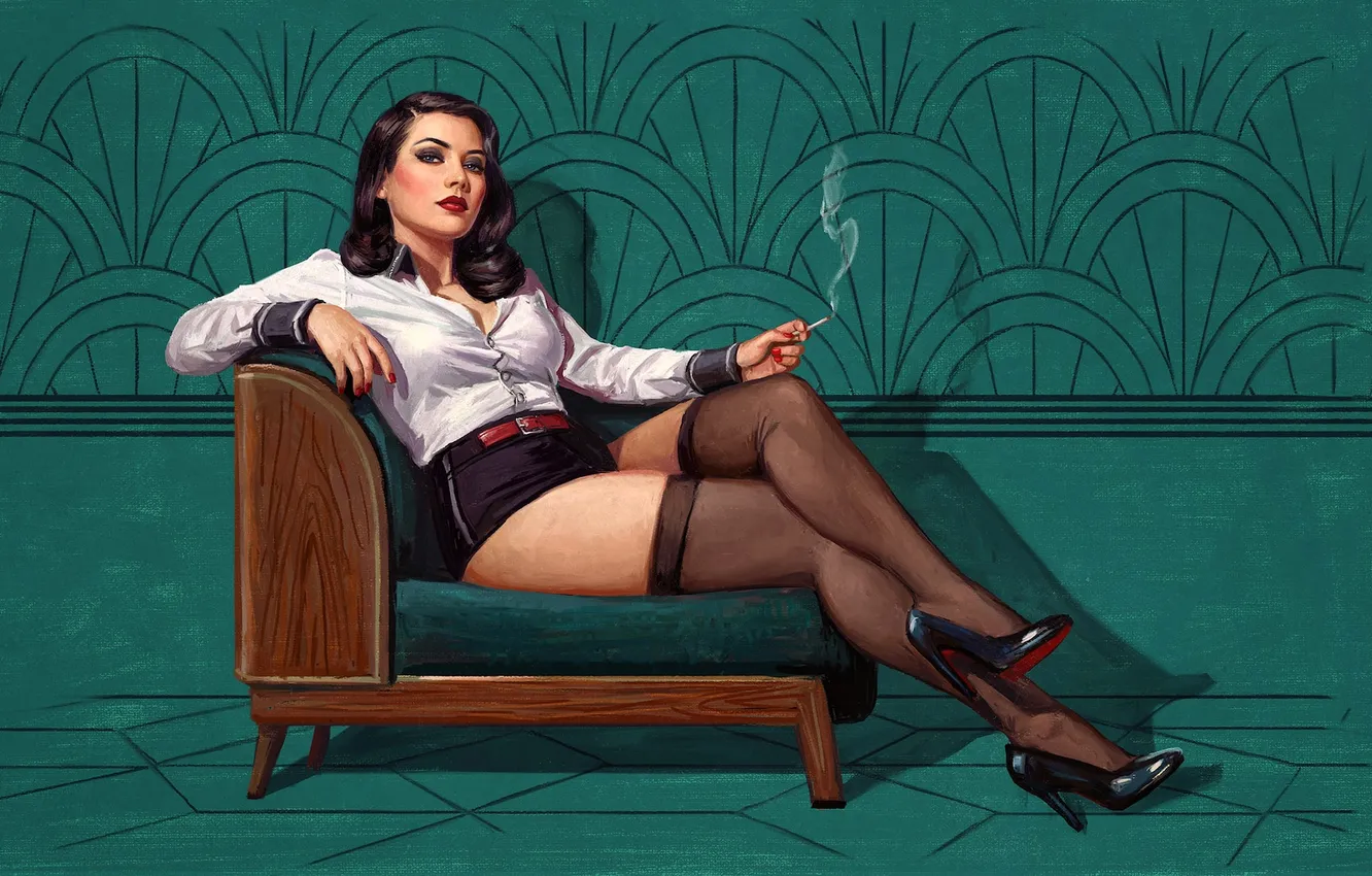 Фото обои girl, smoking, stockings, rendering