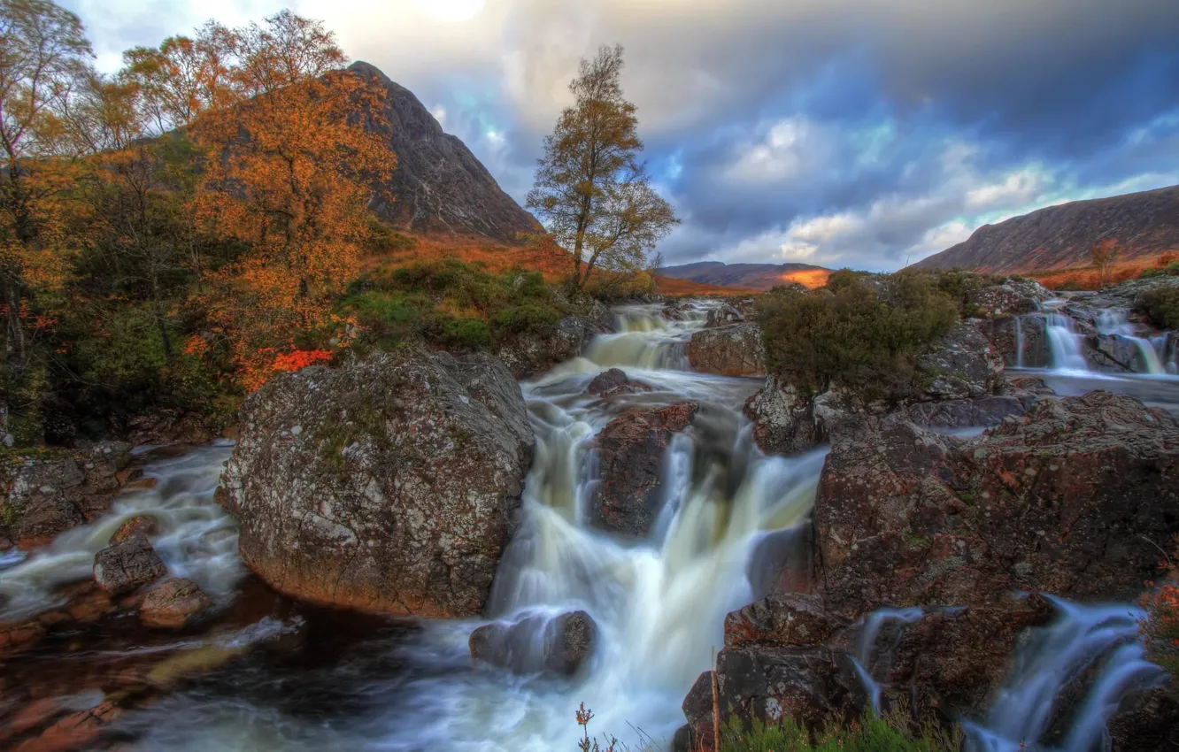 Фото обои осень, пейзаж, природа, река, камни, водопад, вулкан, долина