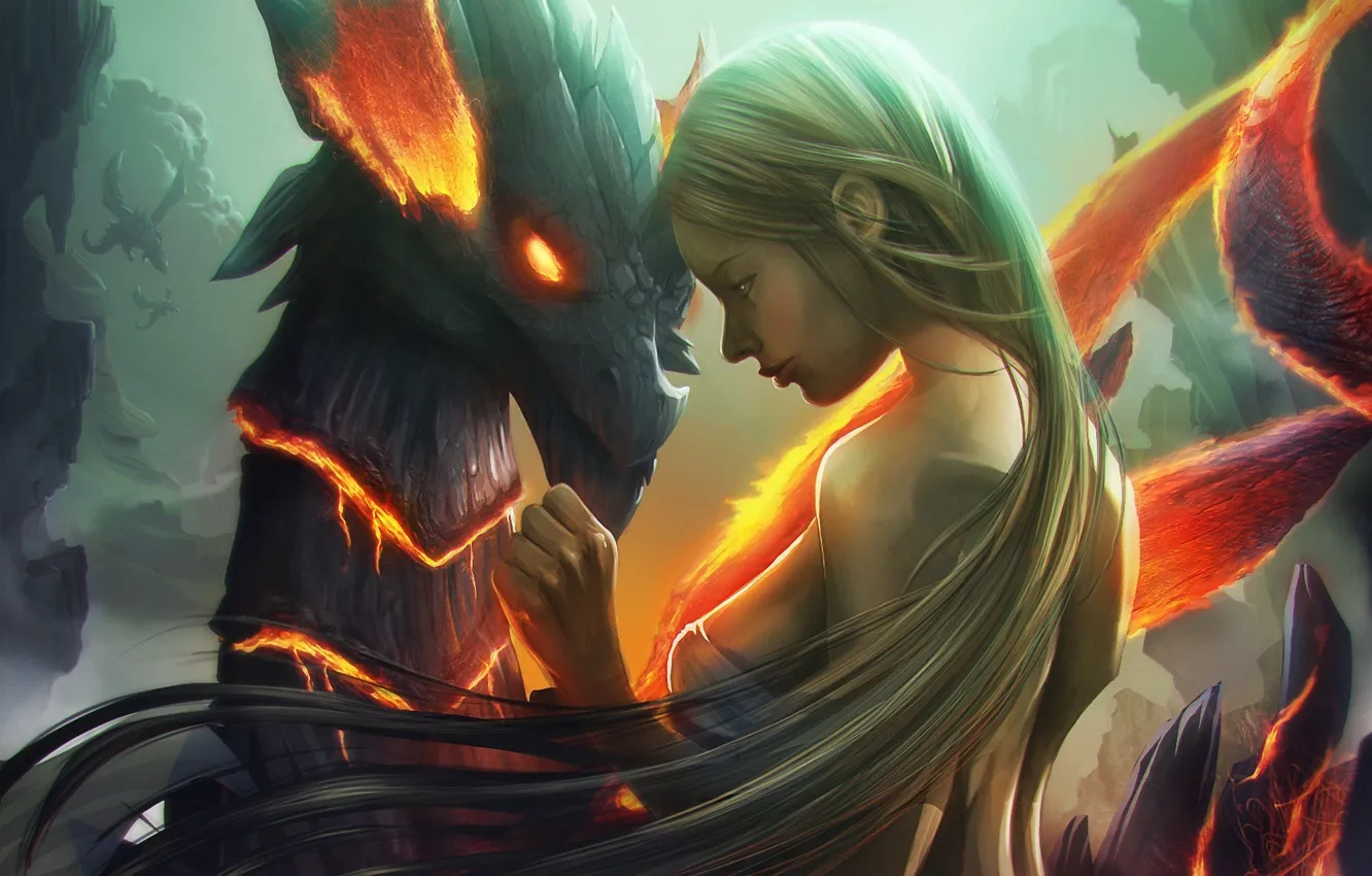 Фото обои девушка, огни, дракон, арт, лава, профиль