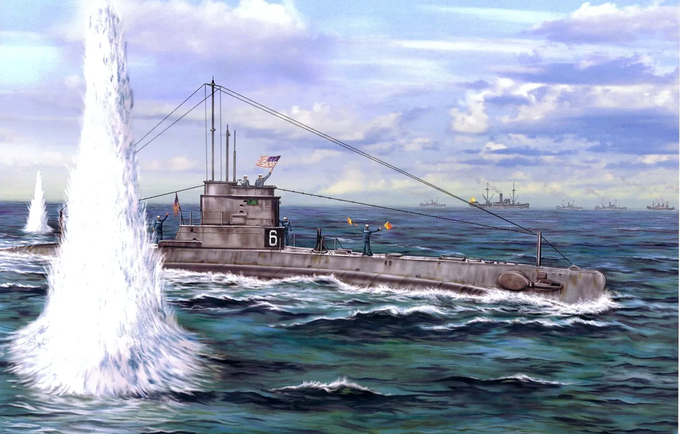Фото обои рисунок, взрывы, арт, подводная лодка, американская, выстрелы, конвой, матросы