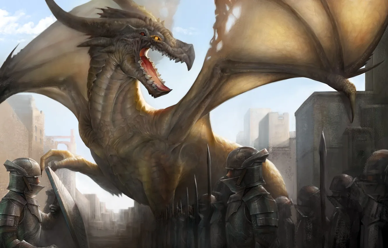 Фото обои город, дракон, армия, арт